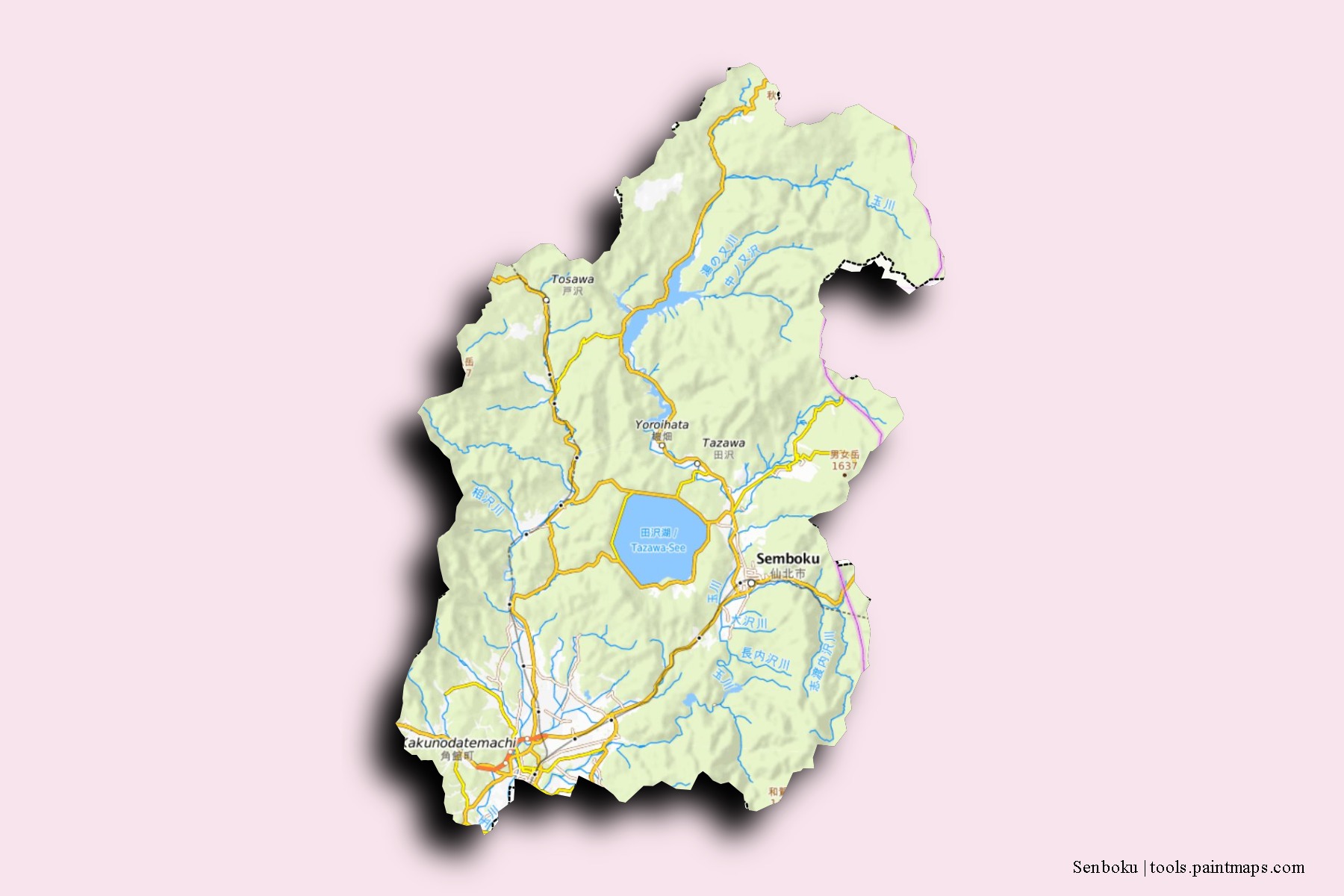 Mapa de barrios y pueblos de Senboku con efecto de sombra 3D