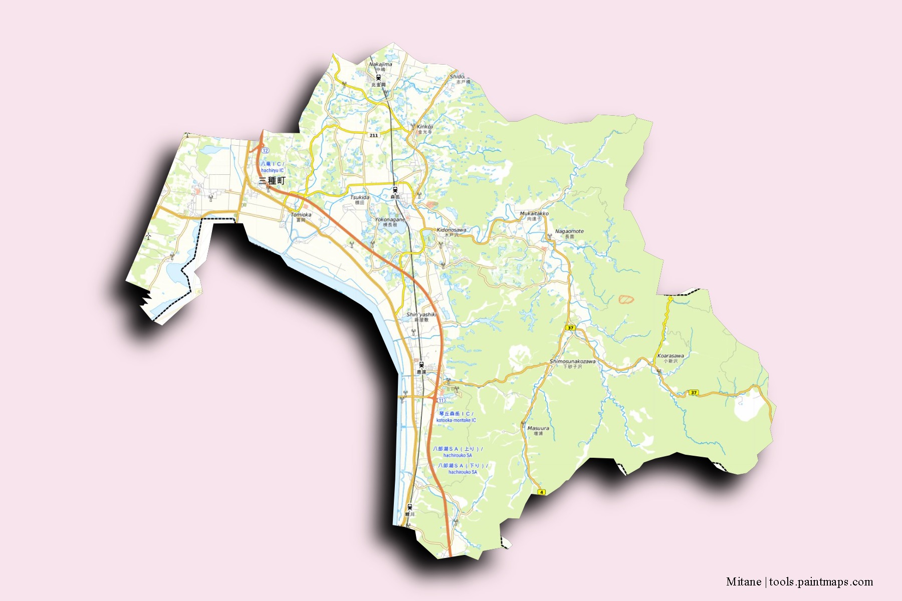 Mitane neighborhoods and villages map with 3D shadow effect