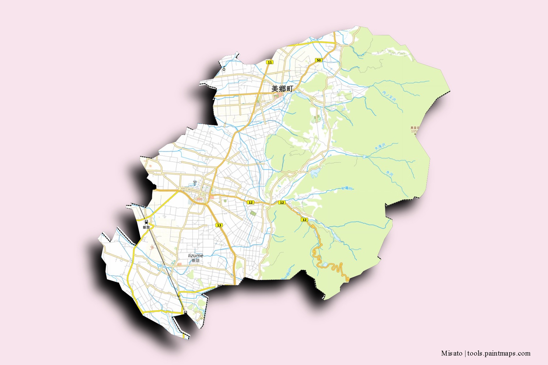 Mapa de barrios y pueblos de Misato con efecto de sombra 3D