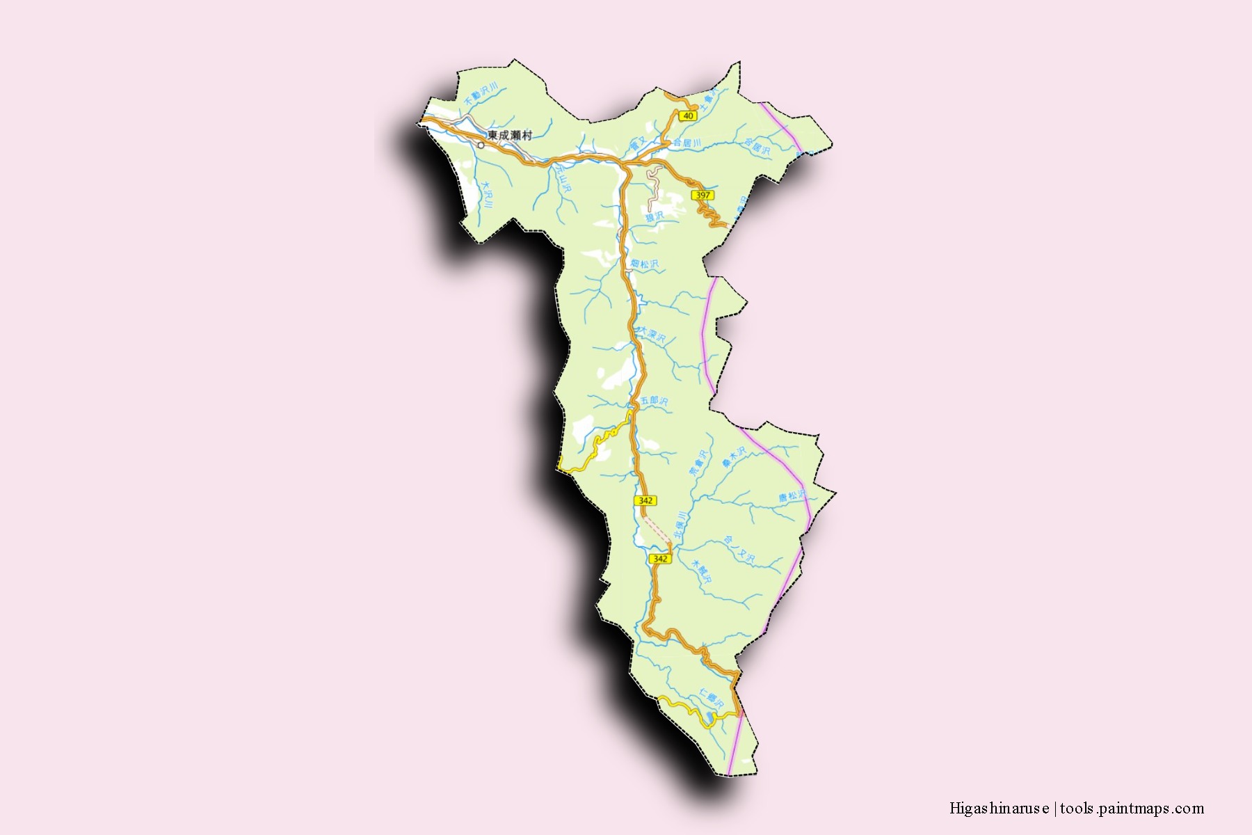 Mapa de barrios y pueblos de Higashinaruse con efecto de sombra 3D