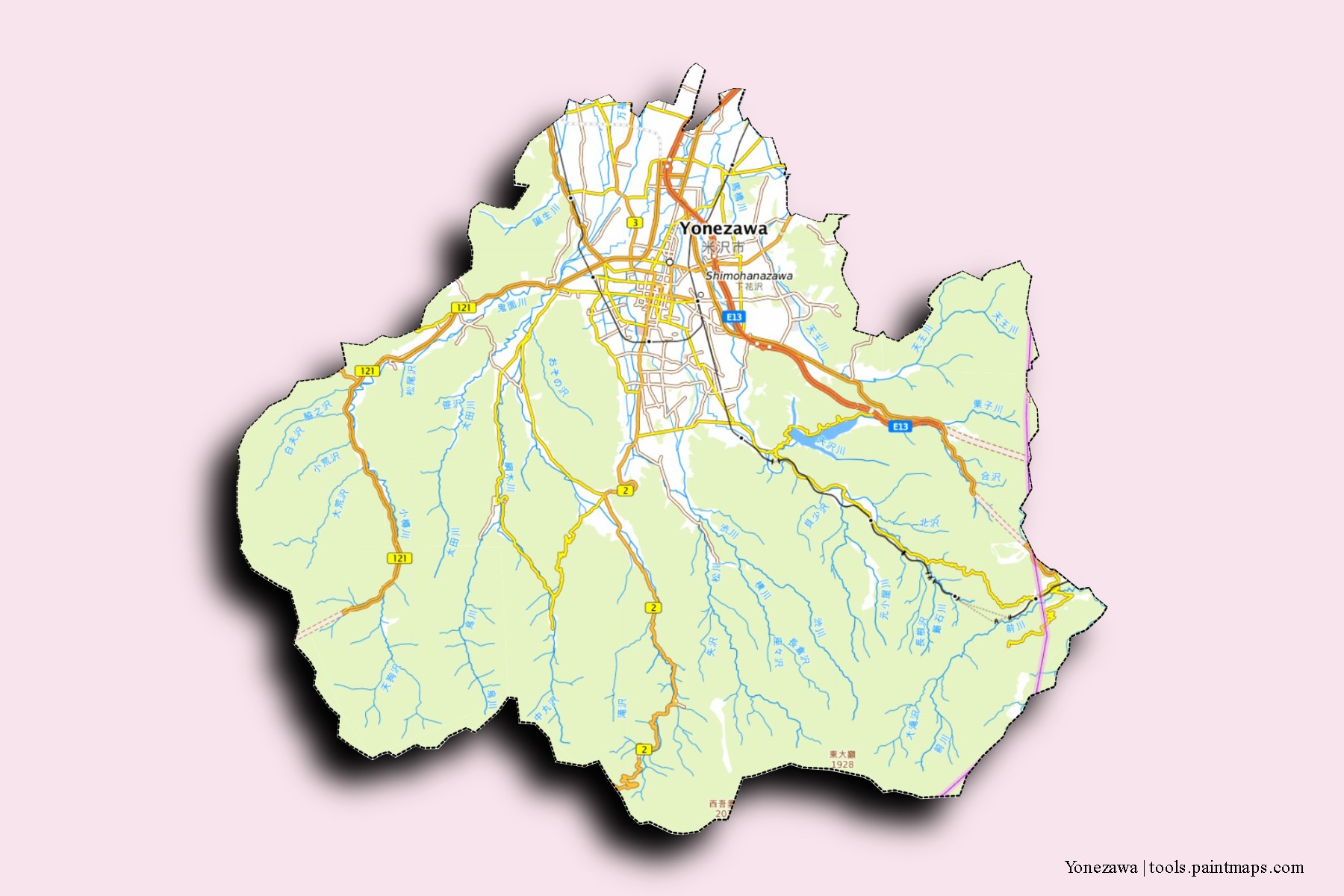 Yonezawa neighborhoods and villages map with 3D shadow effect