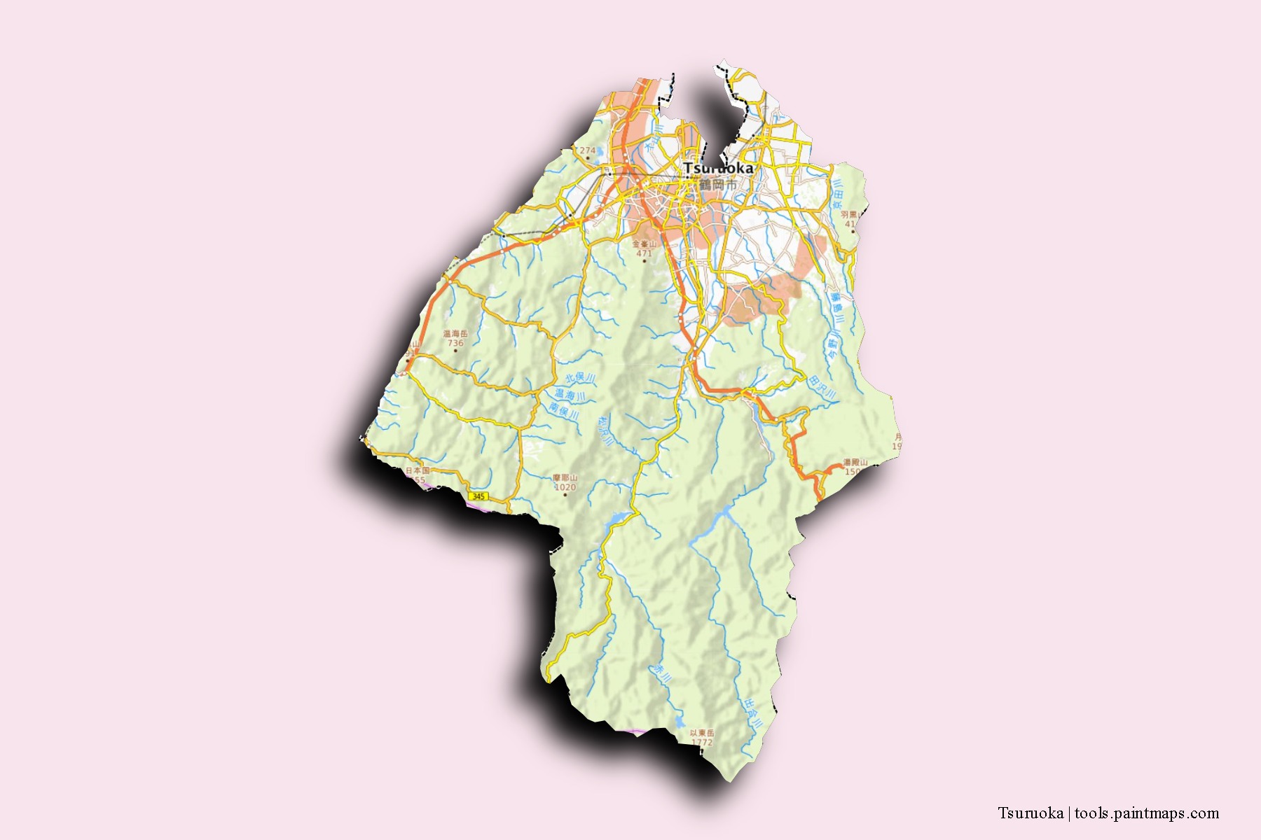 Mapa de barrios y pueblos de Tsuruoka con efecto de sombra 3D