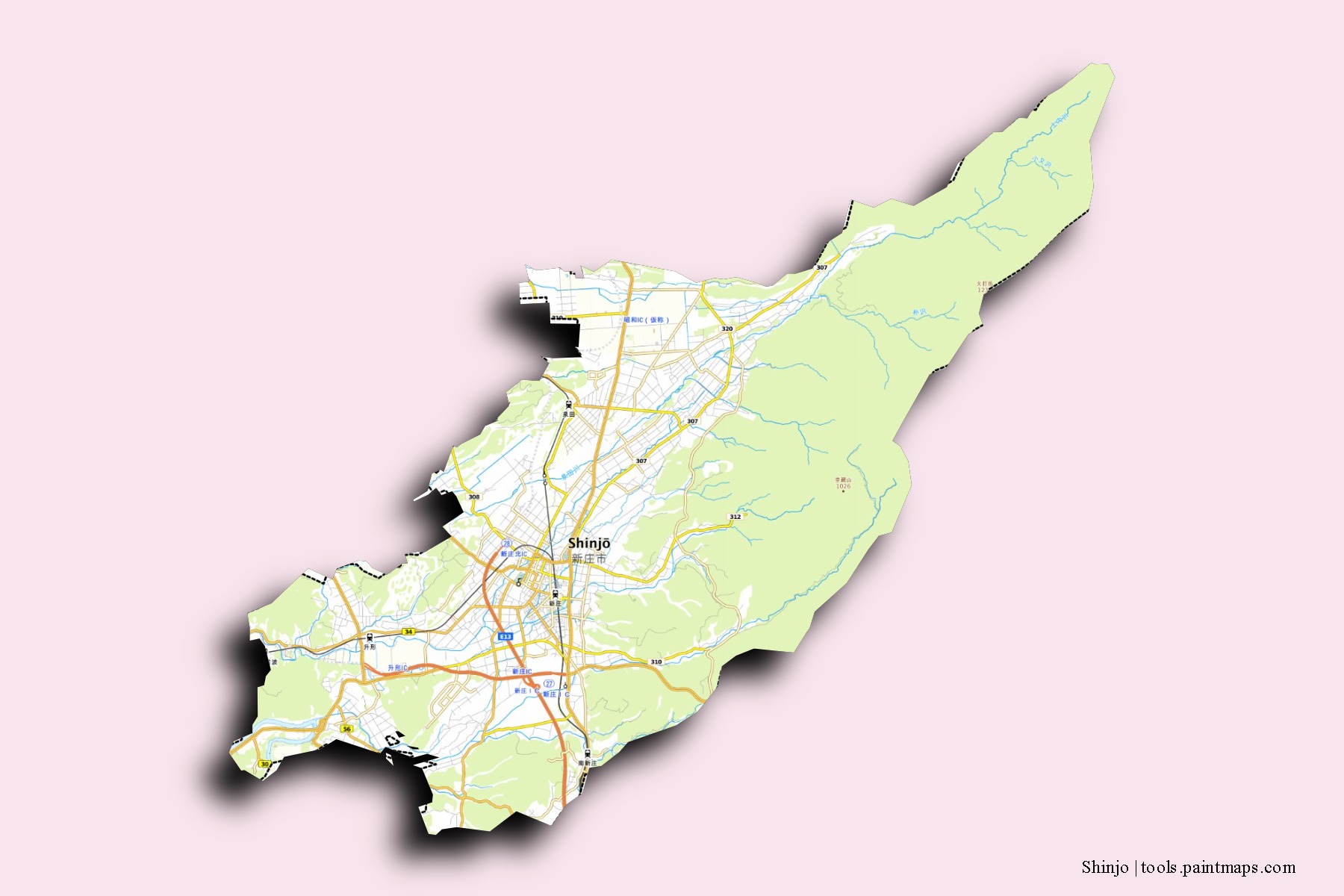 Mapa de barrios y pueblos de Shinjo con efecto de sombra 3D