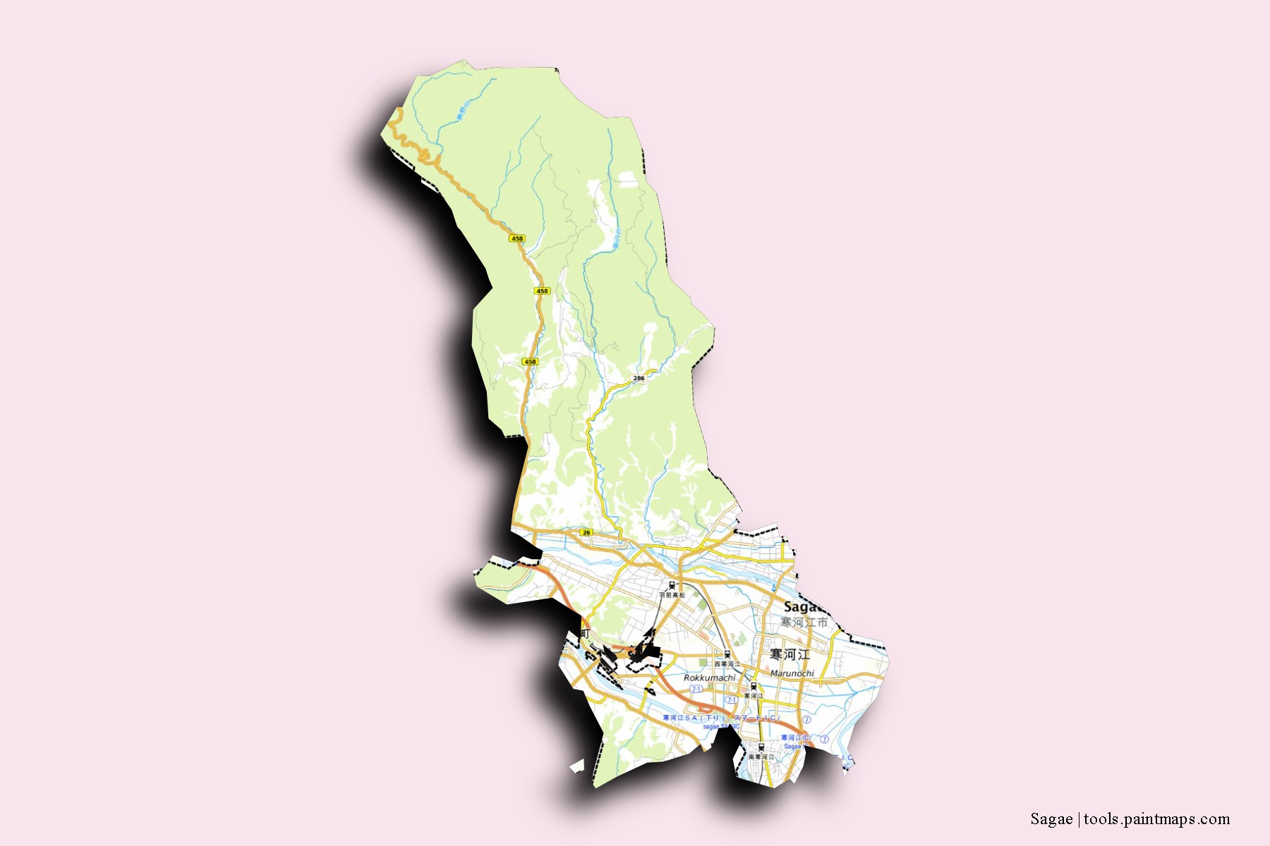 Mapa de barrios y pueblos de Sagae con efecto de sombra 3D