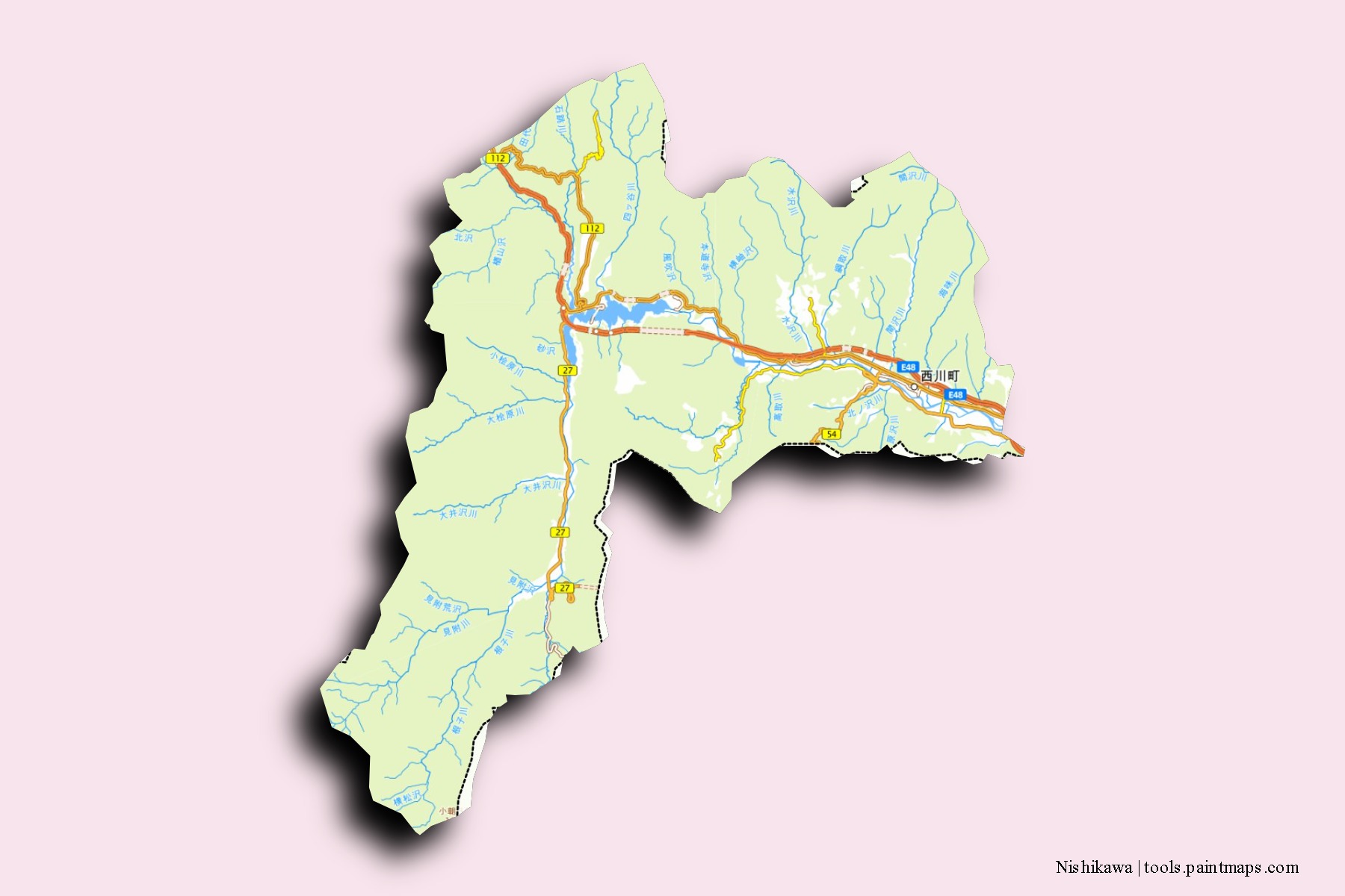 Nishikawa neighborhoods and villages map with 3D shadow effect