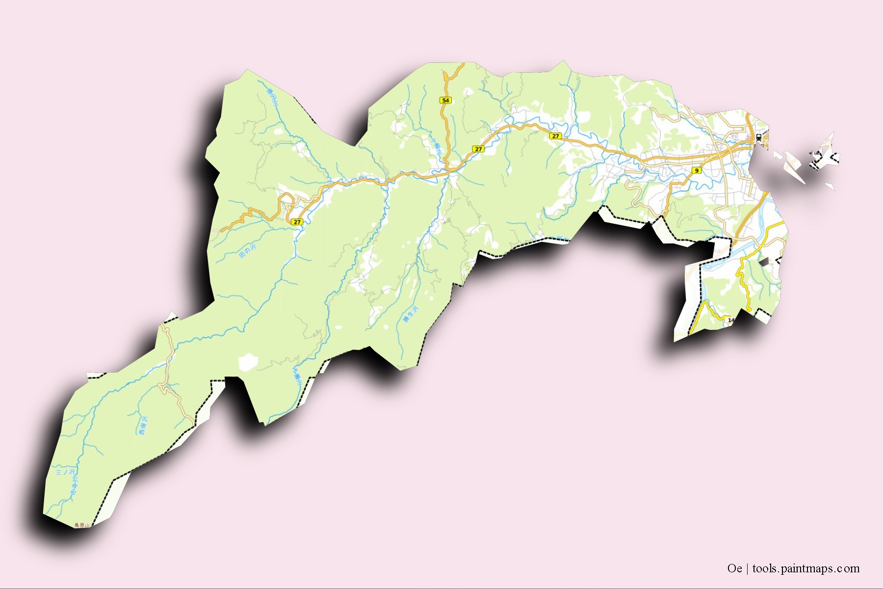 Mapa de barrios y pueblos de Oe con efecto de sombra 3D