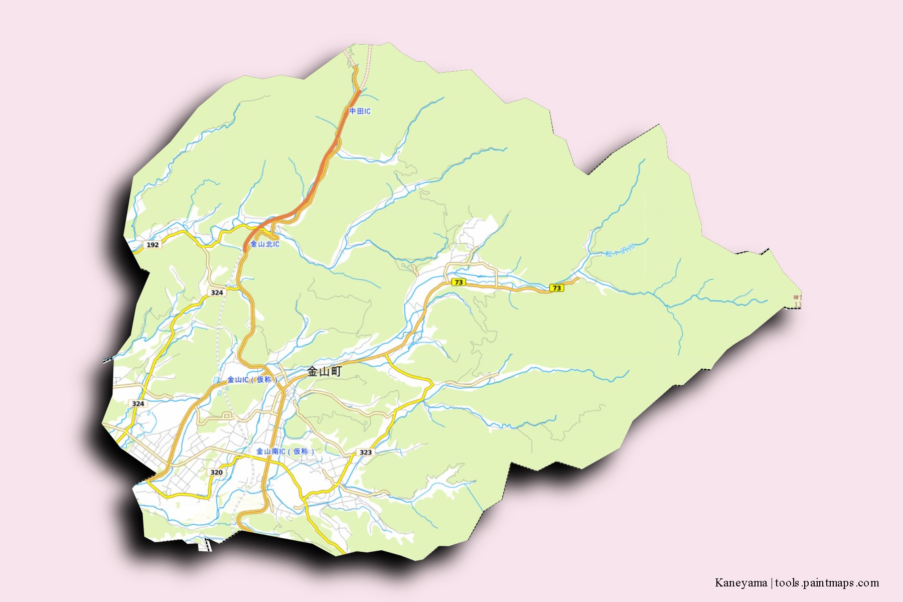 3D gölge efektli Kaneyama mahalleleri ve köyleri haritası