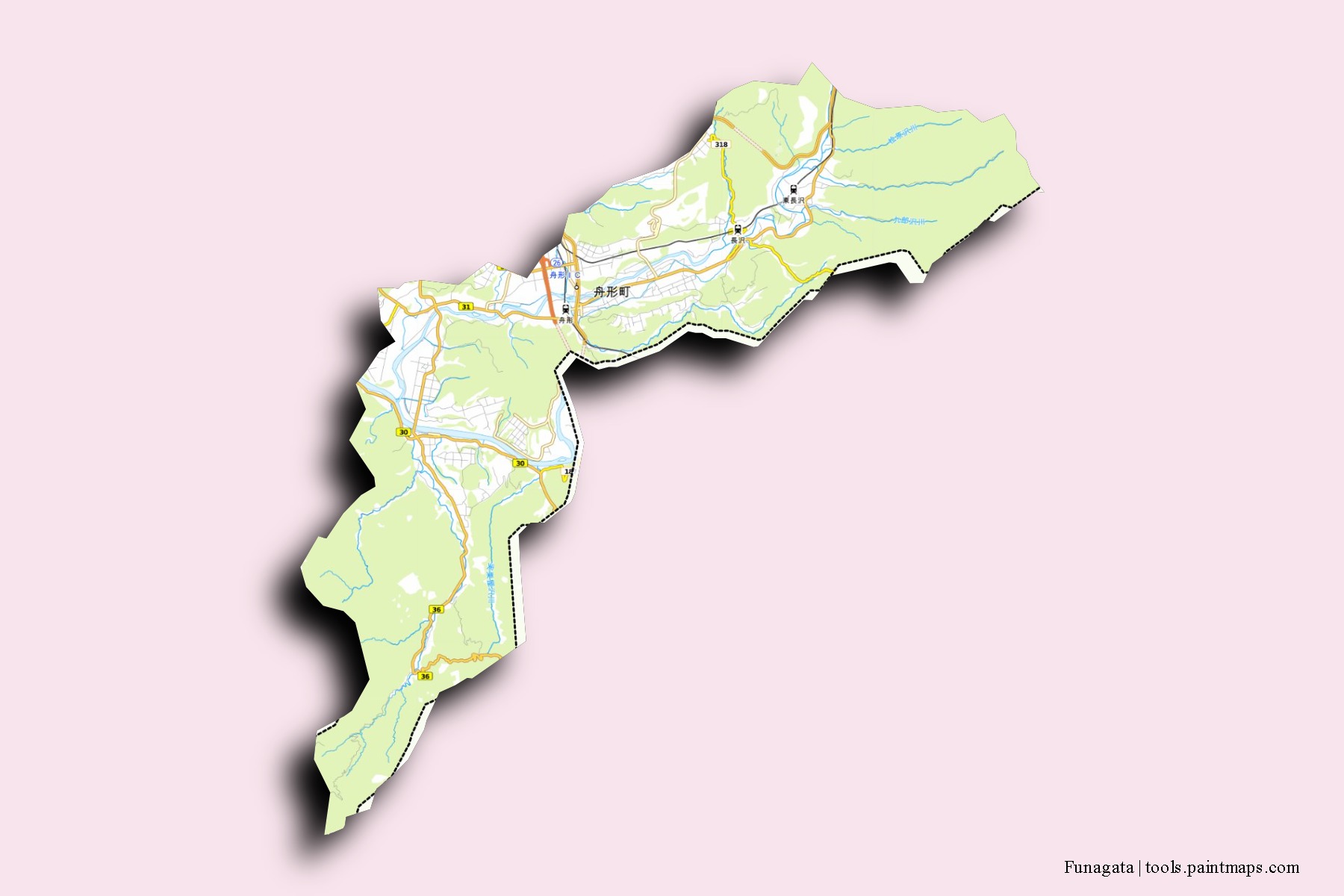 Funagata neighborhoods and villages map with 3D shadow effect