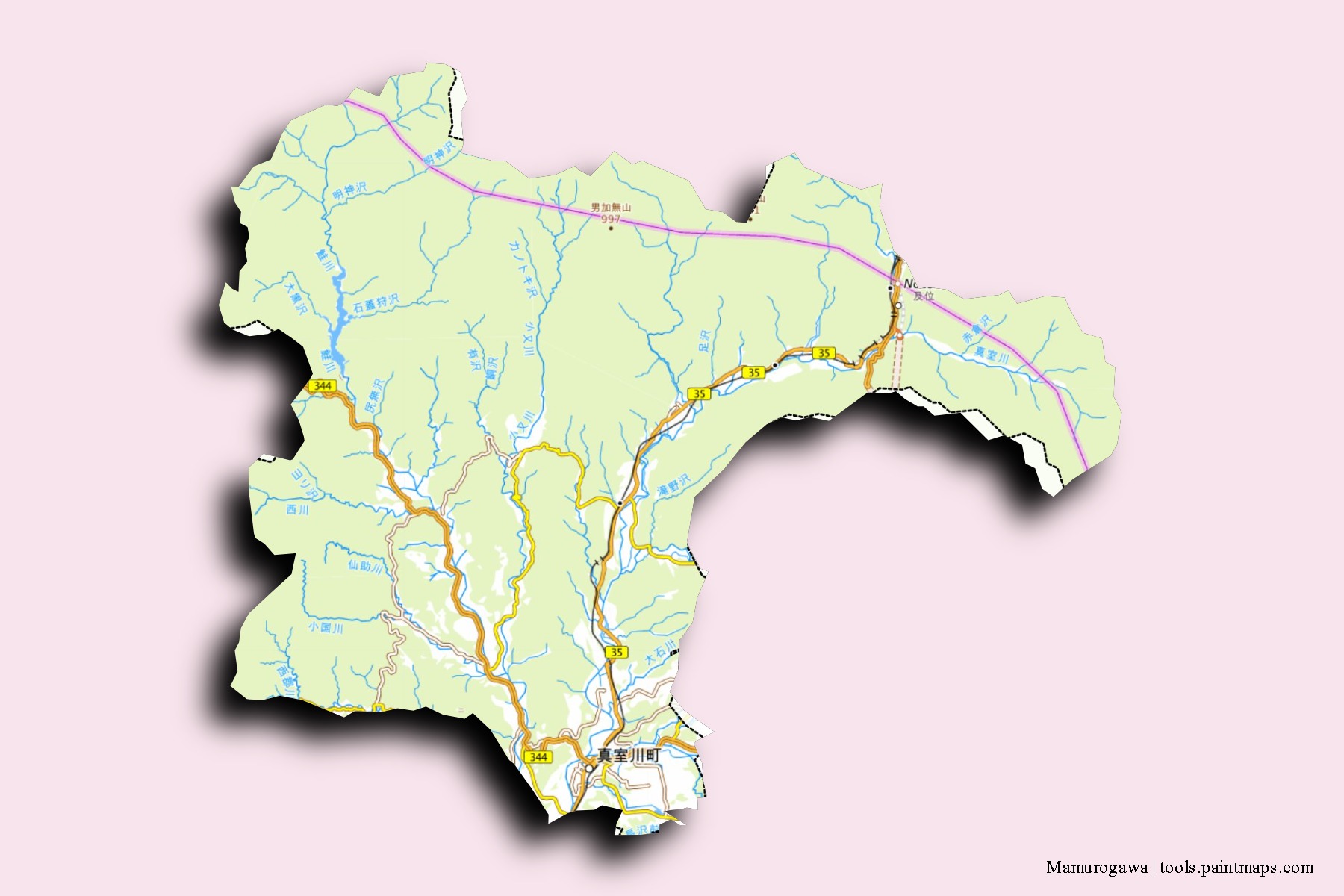 Mamurogawa neighborhoods and villages map with 3D shadow effect