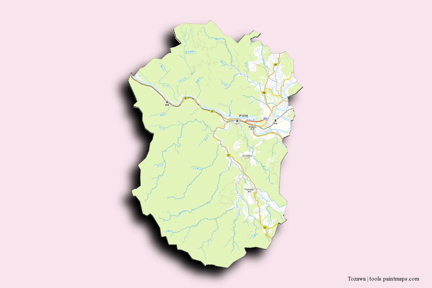 Tozawa neighborhoods and villages map with 3D shadow effect