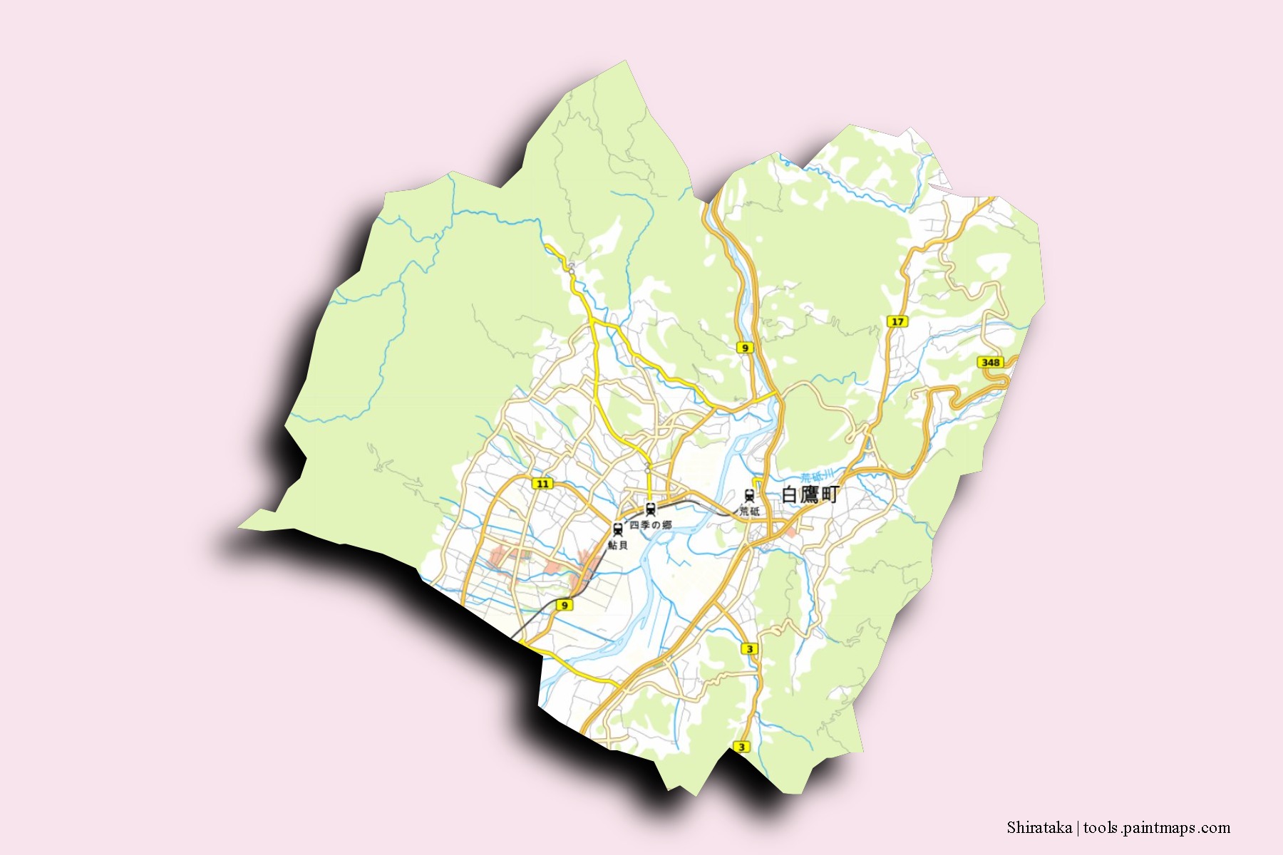 Mapa de barrios y pueblos de Shirataka con efecto de sombra 3D