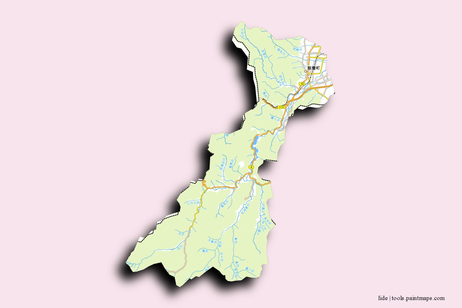 Mapa de barrios y pueblos de Iide con efecto de sombra 3D