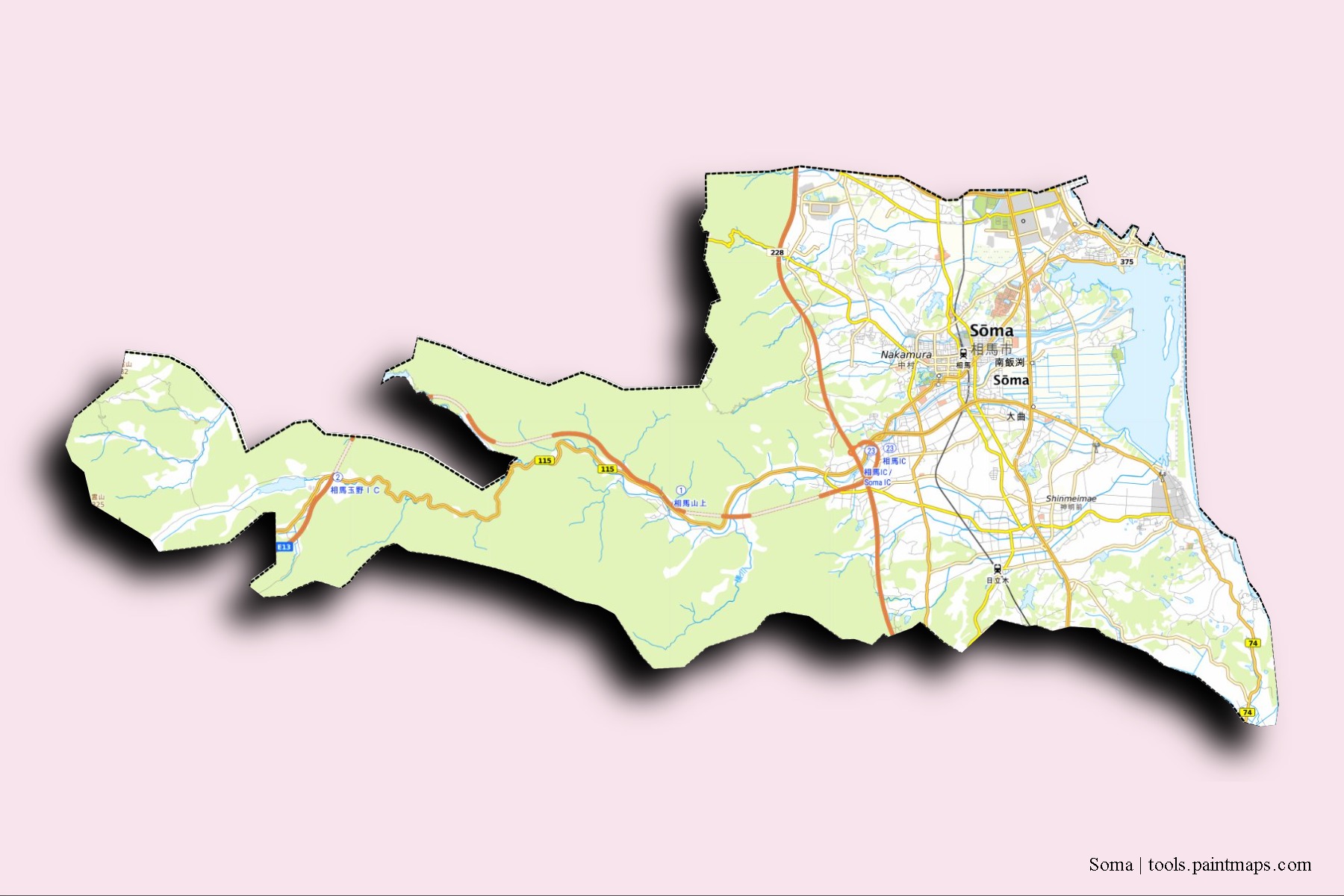 Soma neighborhoods and villages map with 3D shadow effect