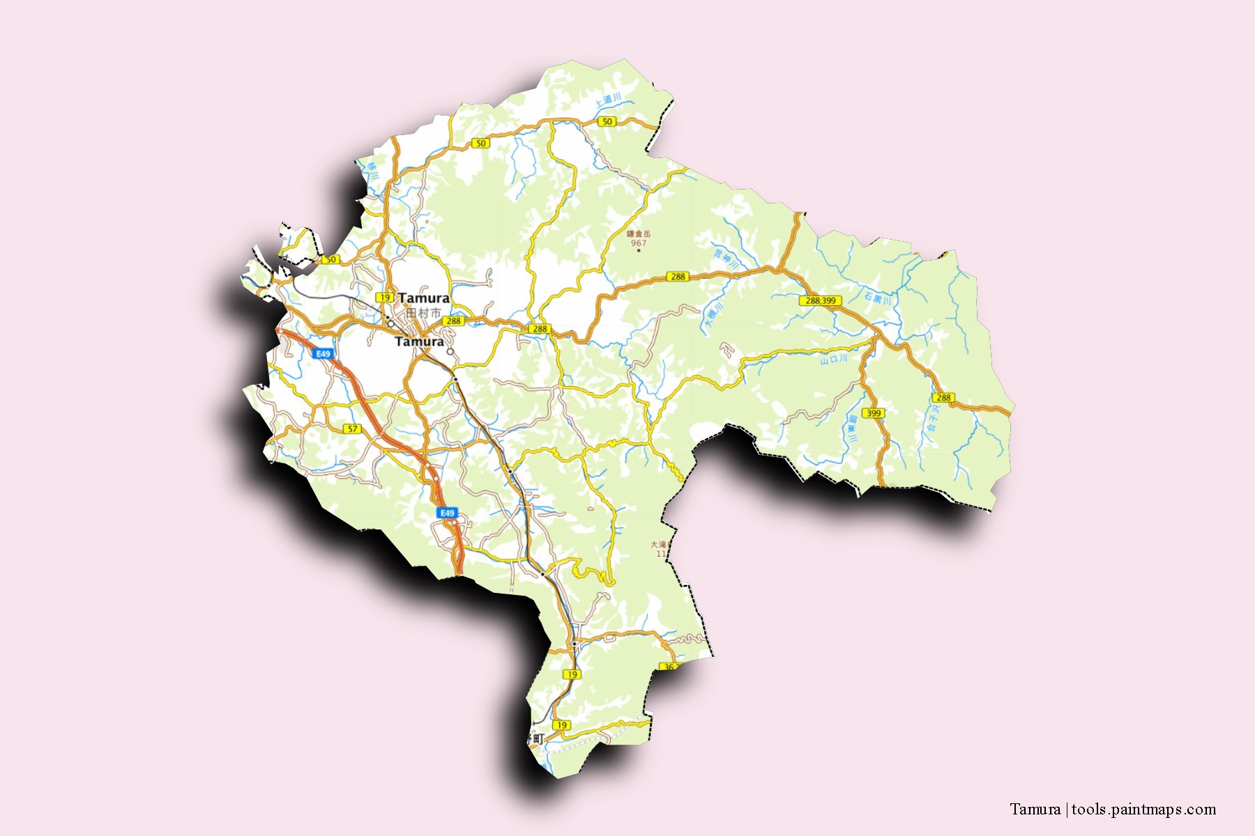 Mapa de barrios y pueblos de Tamura con efecto de sombra 3D