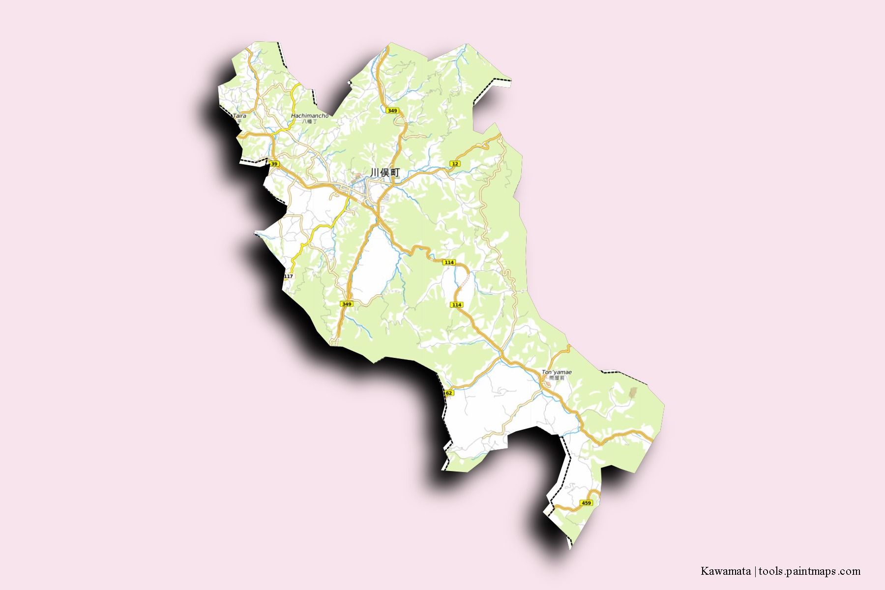 Kawamata neighborhoods and villages map with 3D shadow effect