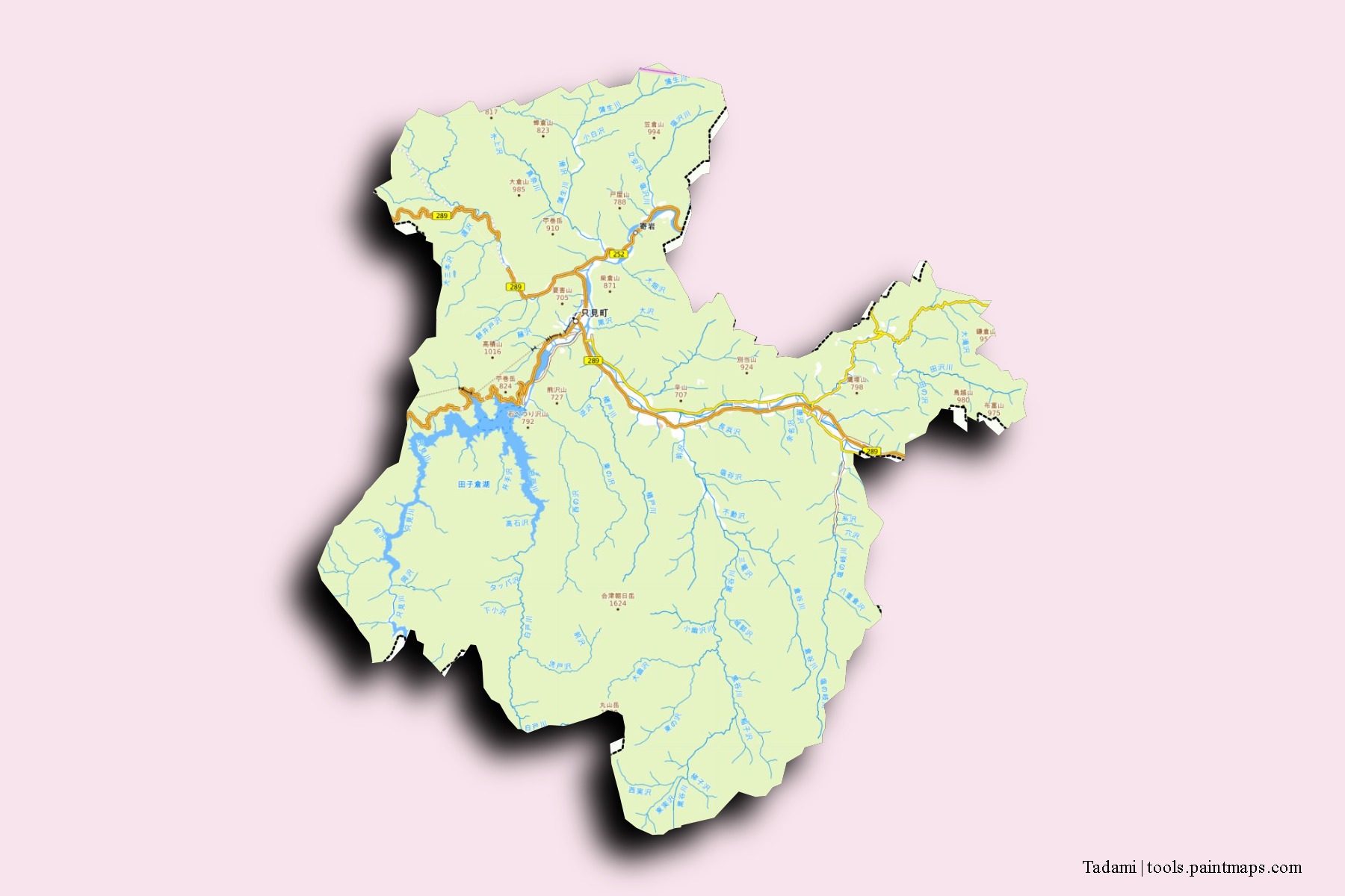 Tadami neighborhoods and villages map with 3D shadow effect