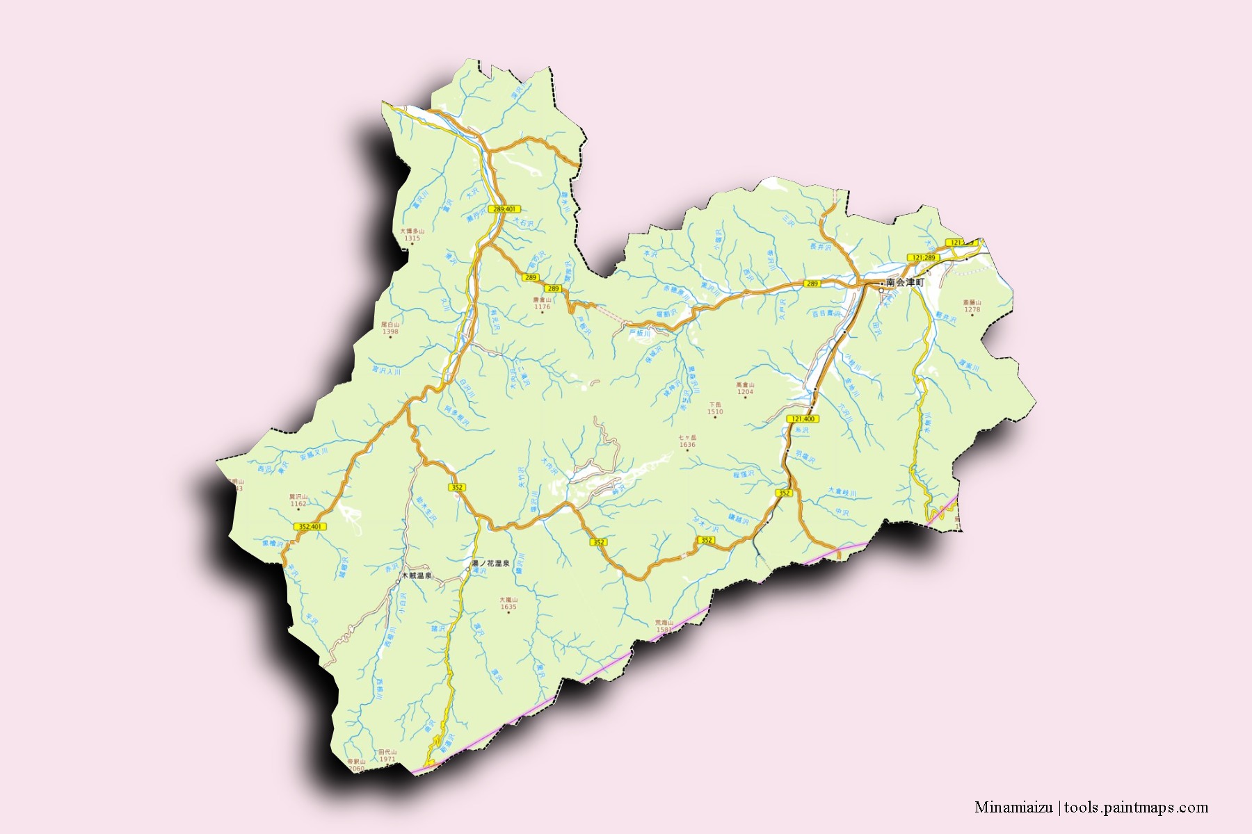 Mapa de barrios y pueblos de Minamiaizu con efecto de sombra 3D