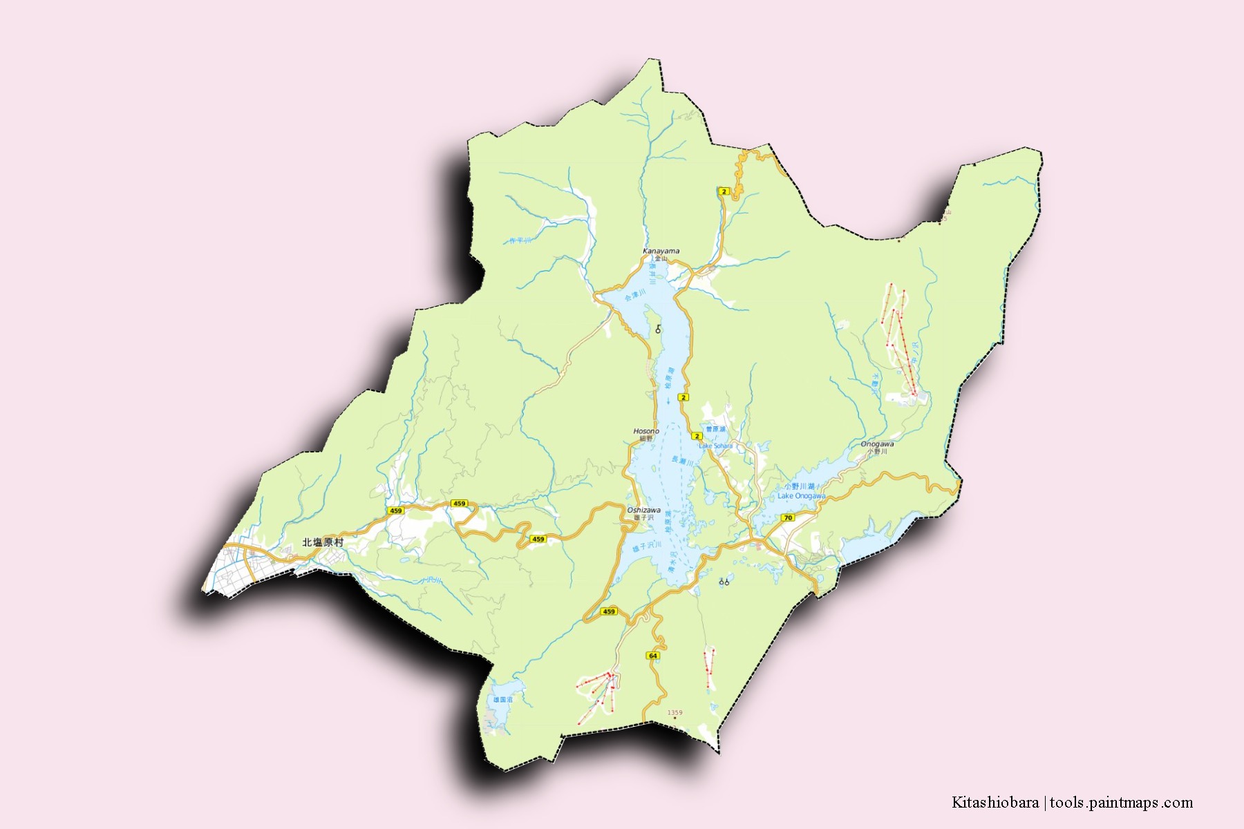 Mapa de barrios y pueblos de Kitashiobara con efecto de sombra 3D