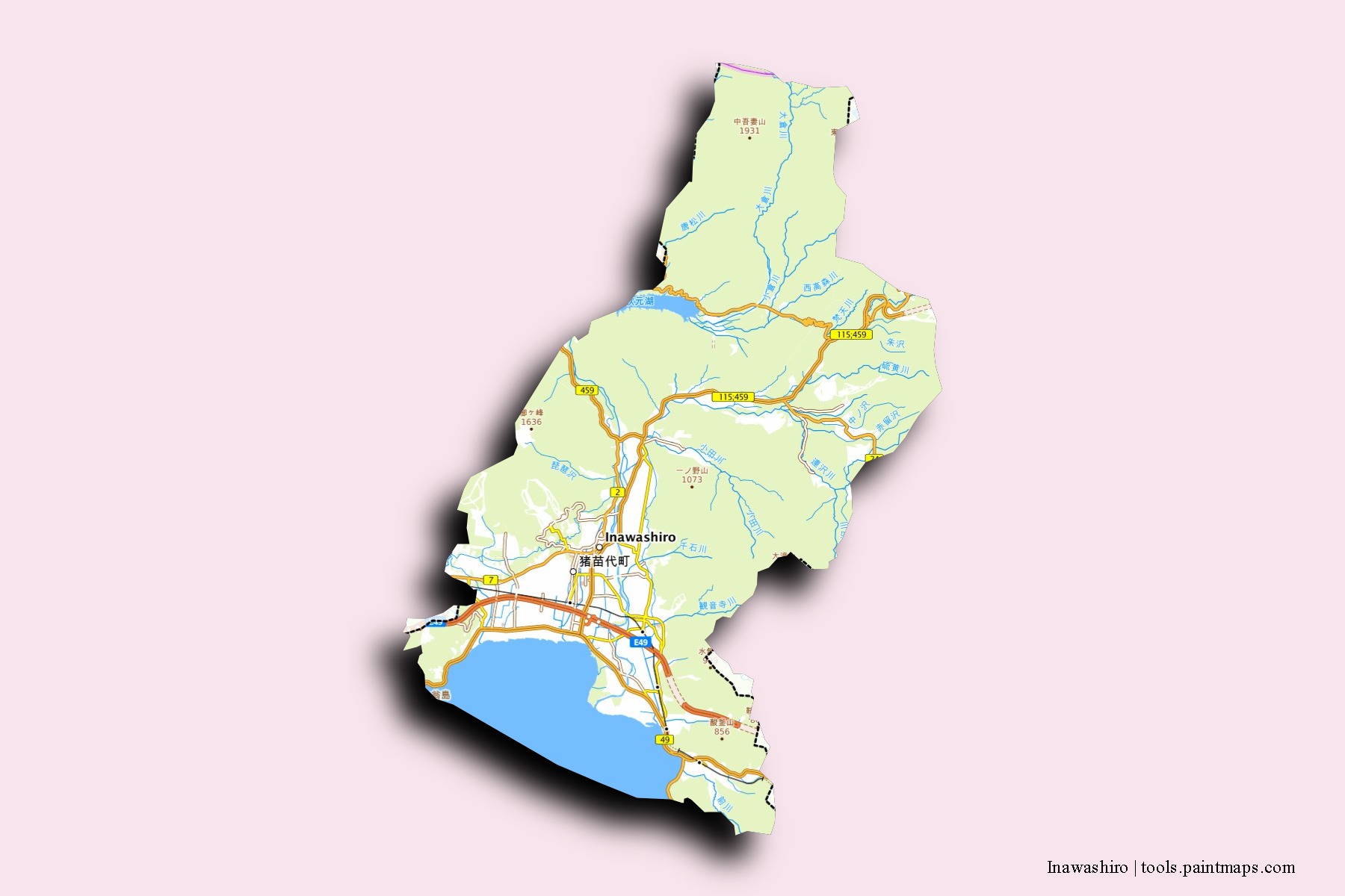 Mapa de barrios y pueblos de Inawashiro con efecto de sombra 3D