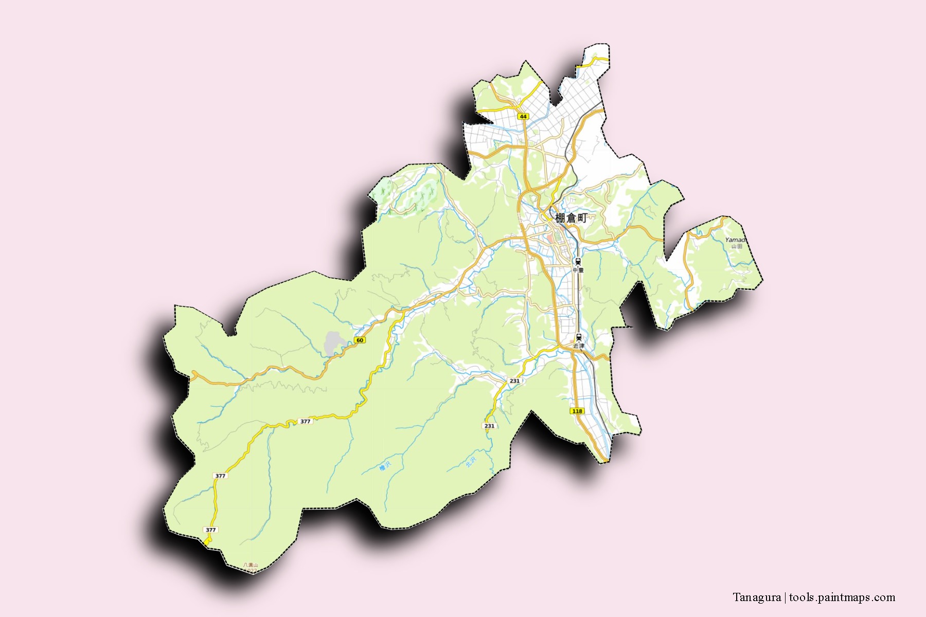 Mapa de barrios y pueblos de Tanagura con efecto de sombra 3D