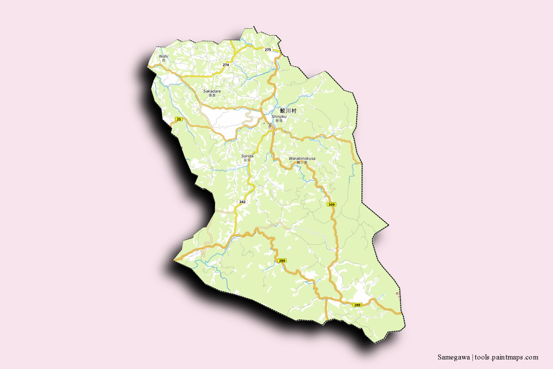 Mapa de barrios y pueblos de Samegawa con efecto de sombra 3D