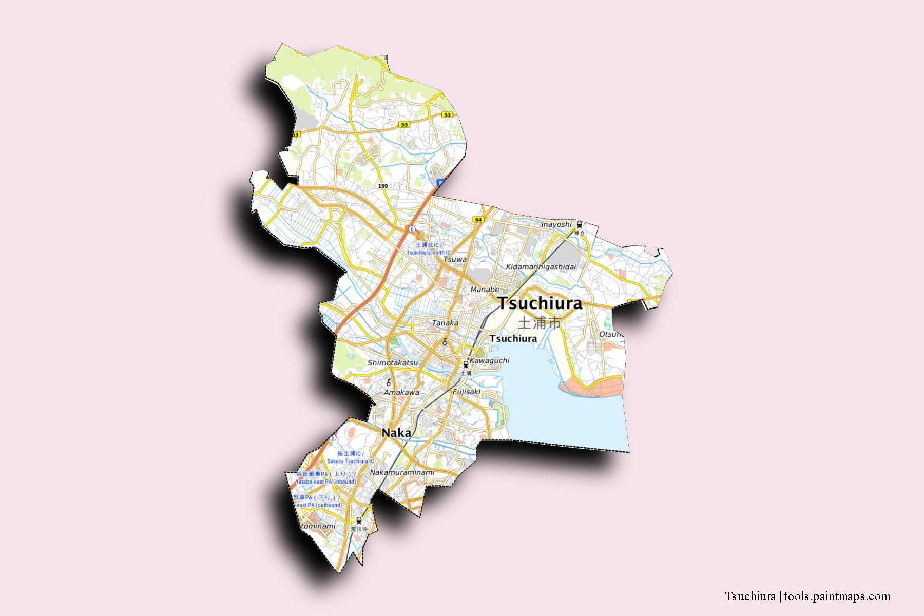 Mapa de barrios y pueblos de Tsuchiura con efecto de sombra 3D