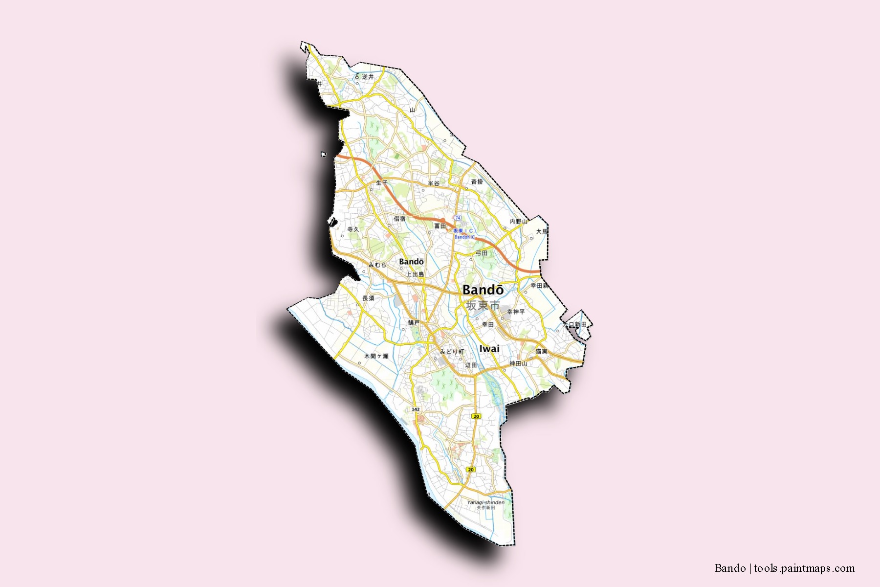 Mapa de barrios y pueblos de Bando con efecto de sombra 3D