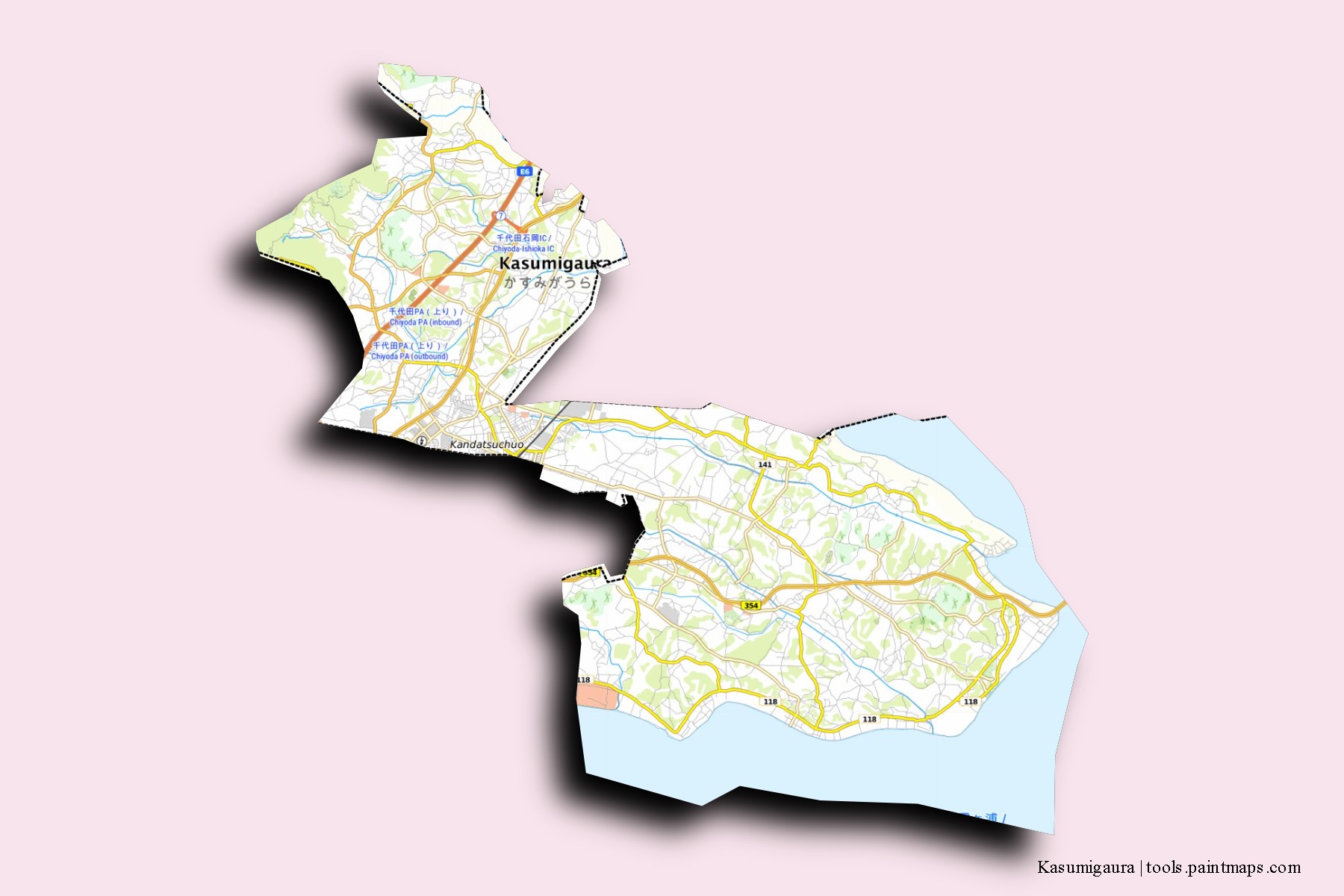 Mapa de barrios y pueblos de Kasumigaura con efecto de sombra 3D