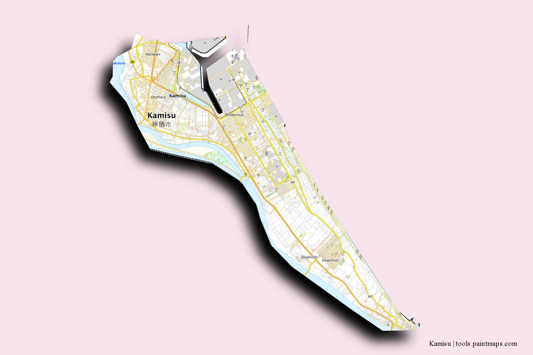 Mapa de barrios y pueblos de Kamisu con efecto de sombra 3D