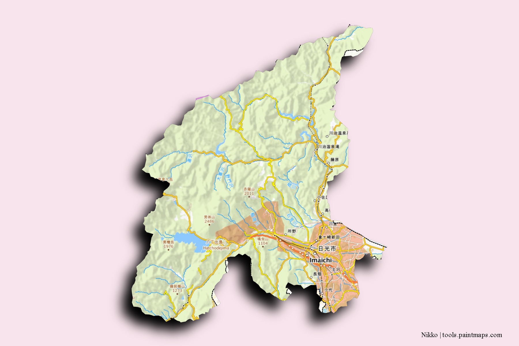 Mapa de barrios y pueblos de Nikko con efecto de sombra 3D