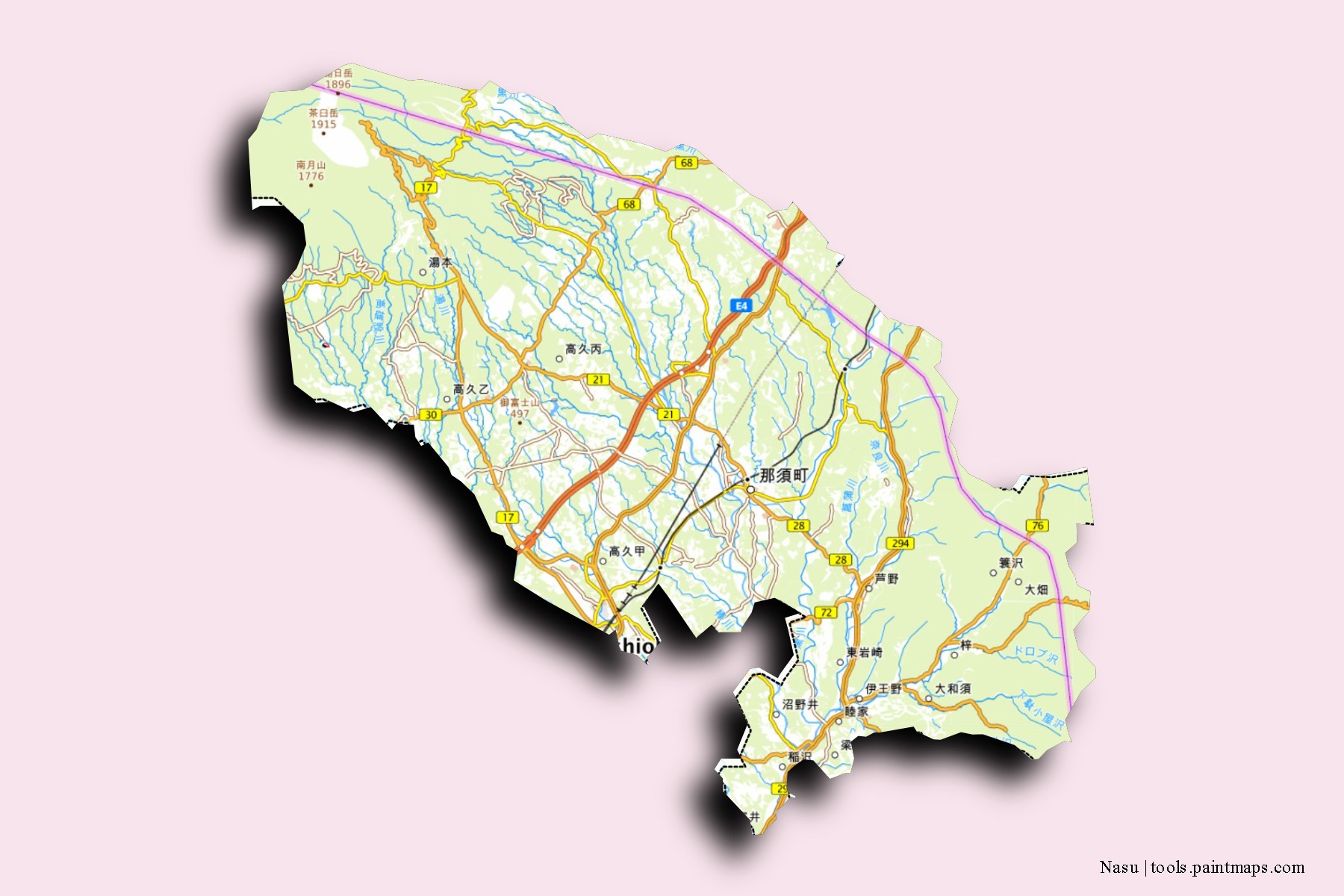 Mapa de barrios y pueblos de Nasu con efecto de sombra 3D