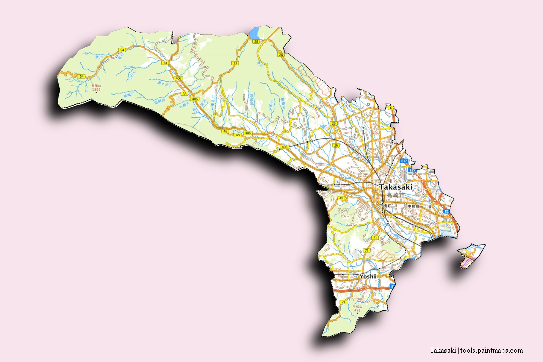 Mapa de barrios y pueblos de Takasaki con efecto de sombra 3D