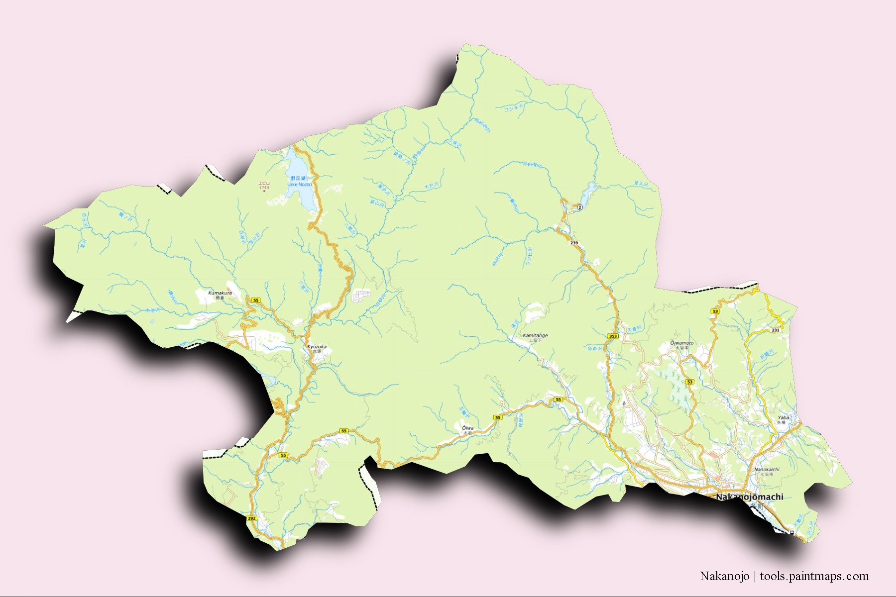 Nakanojo neighborhoods and villages map with 3D shadow effect