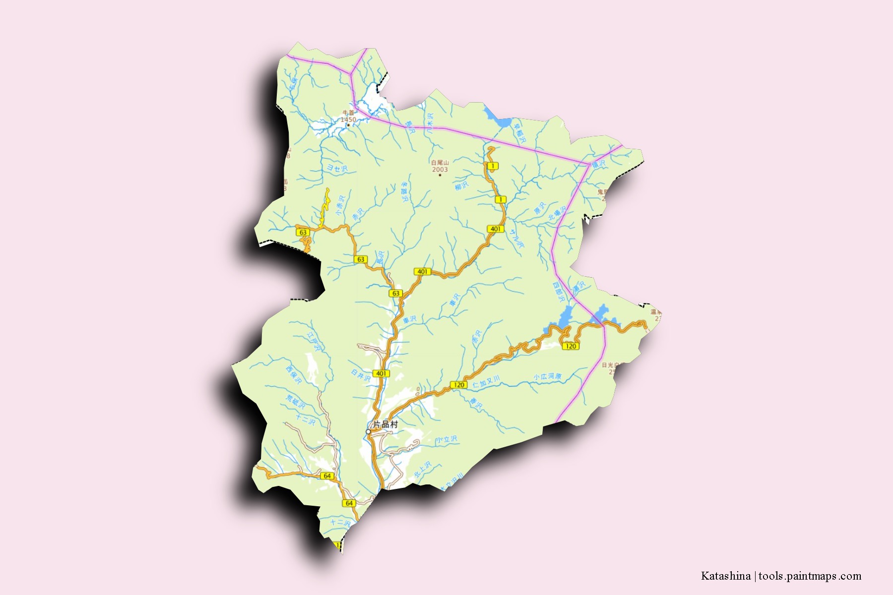 Mapa de barrios y pueblos de Katashina con efecto de sombra 3D