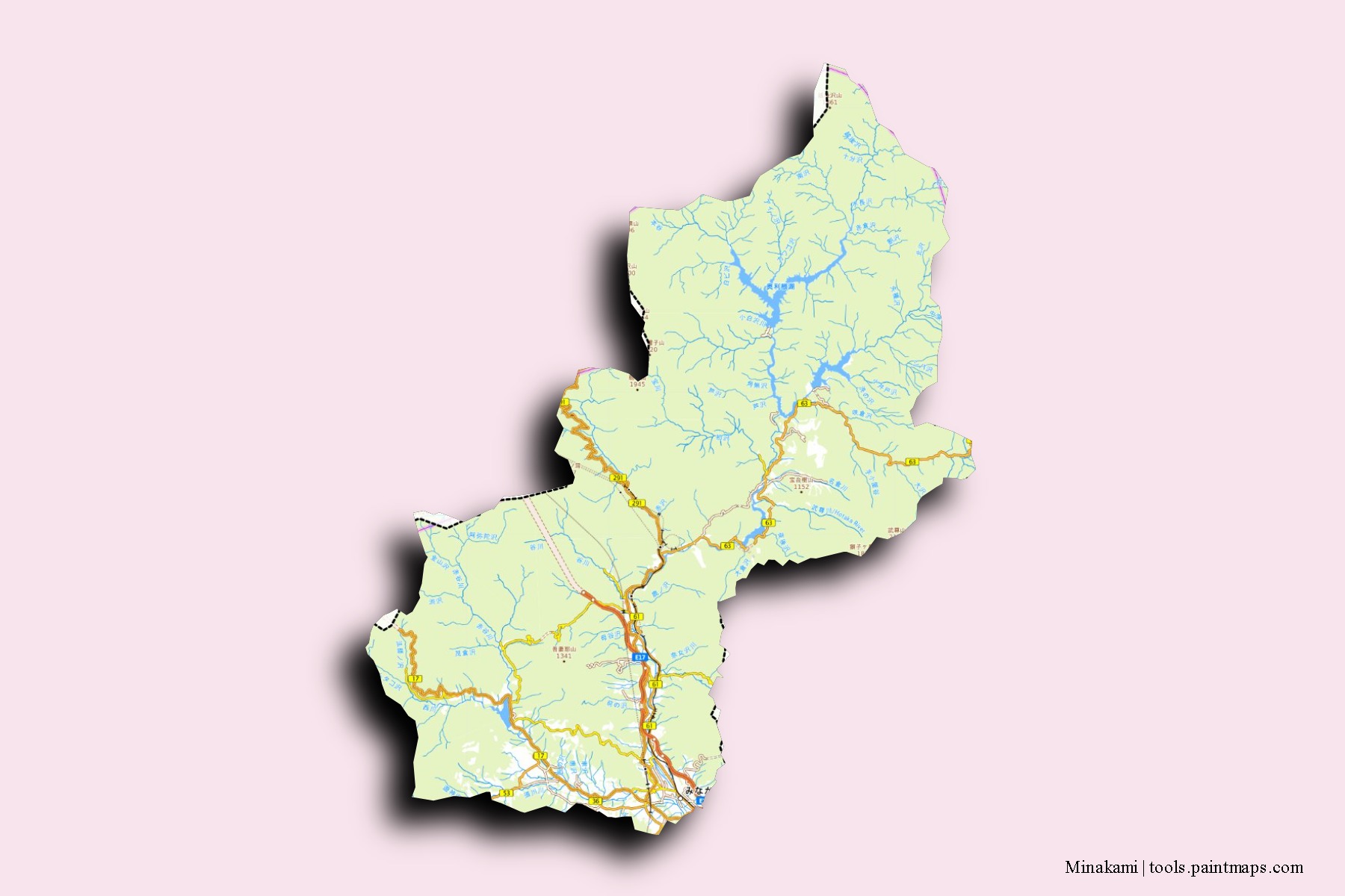 Mapa de barrios y pueblos de Minakami con efecto de sombra 3D