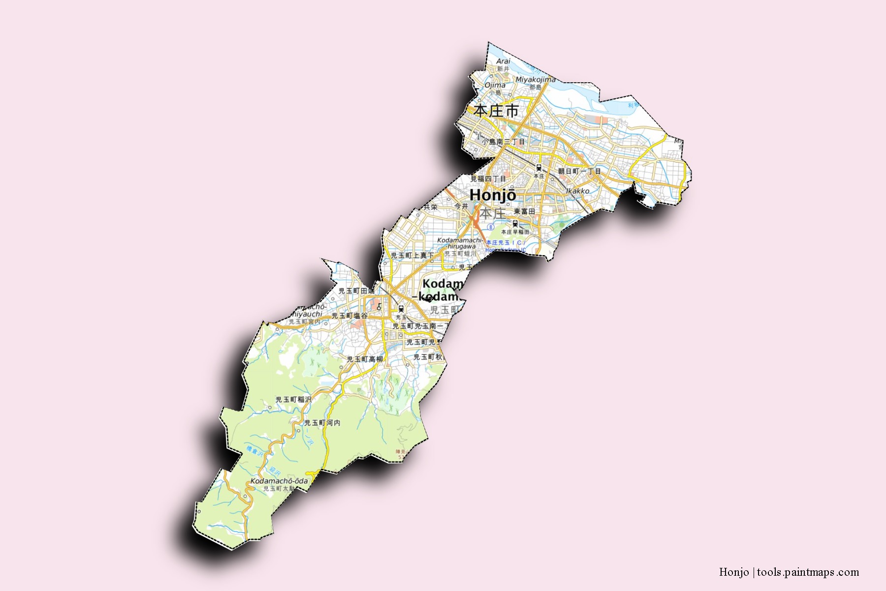 Mapa de barrios y pueblos de Honjo con efecto de sombra 3D