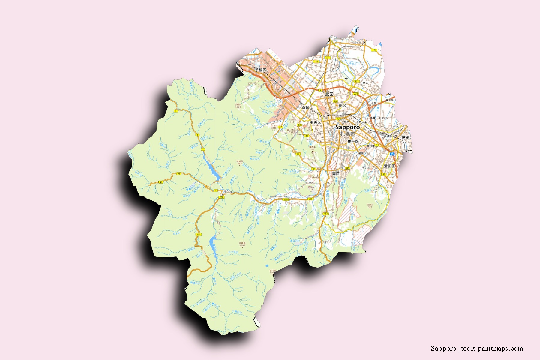 Sapporo neighborhoods and villages map with 3D shadow effect