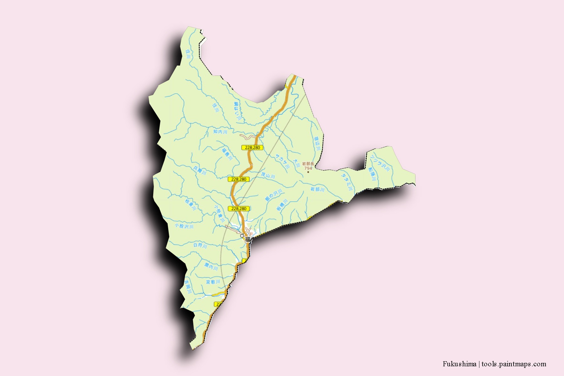 Fukushima neighborhoods and villages map with 3D shadow effect