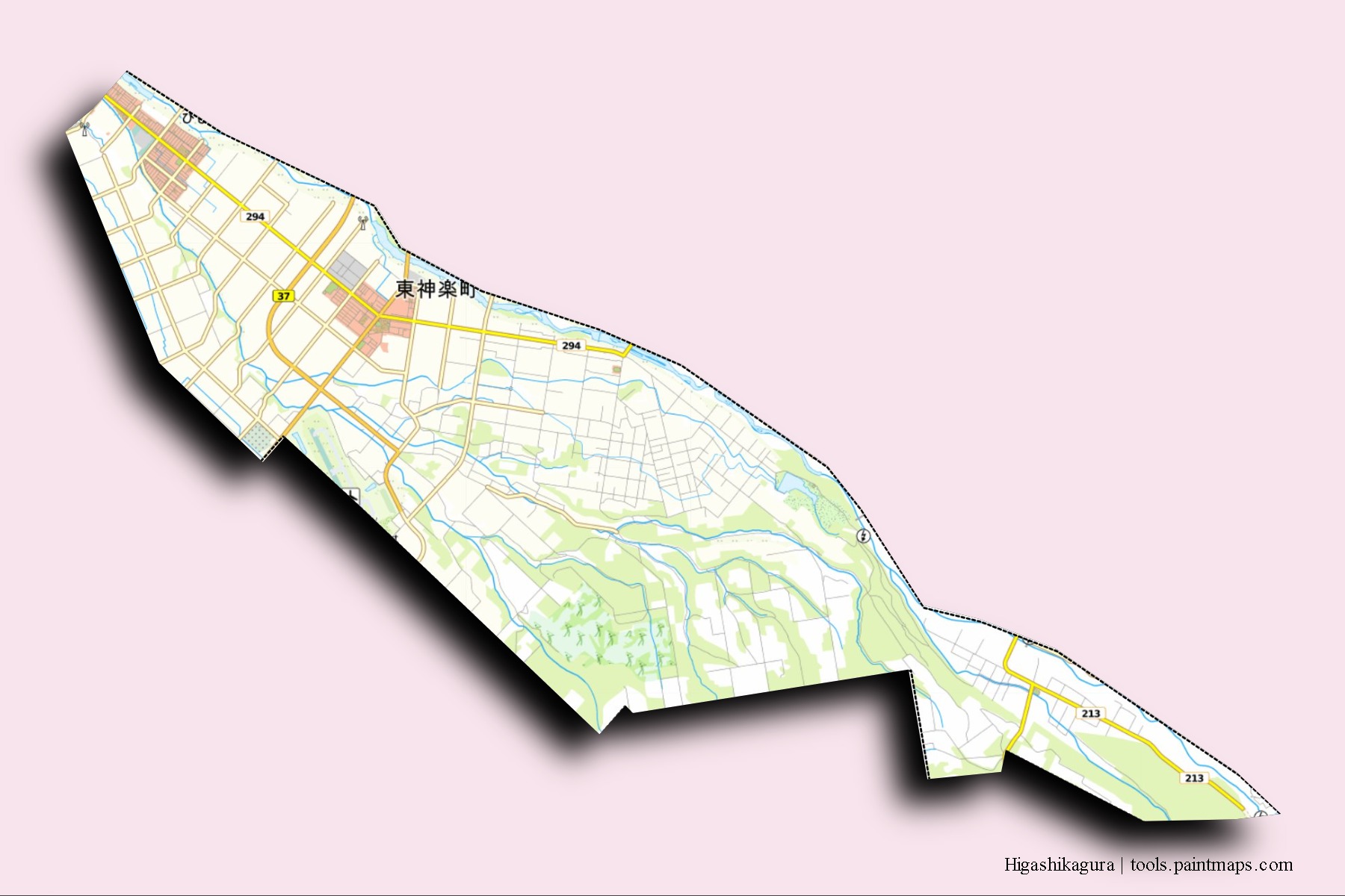 Mapa de barrios y pueblos de Higashikagura con efecto de sombra 3D