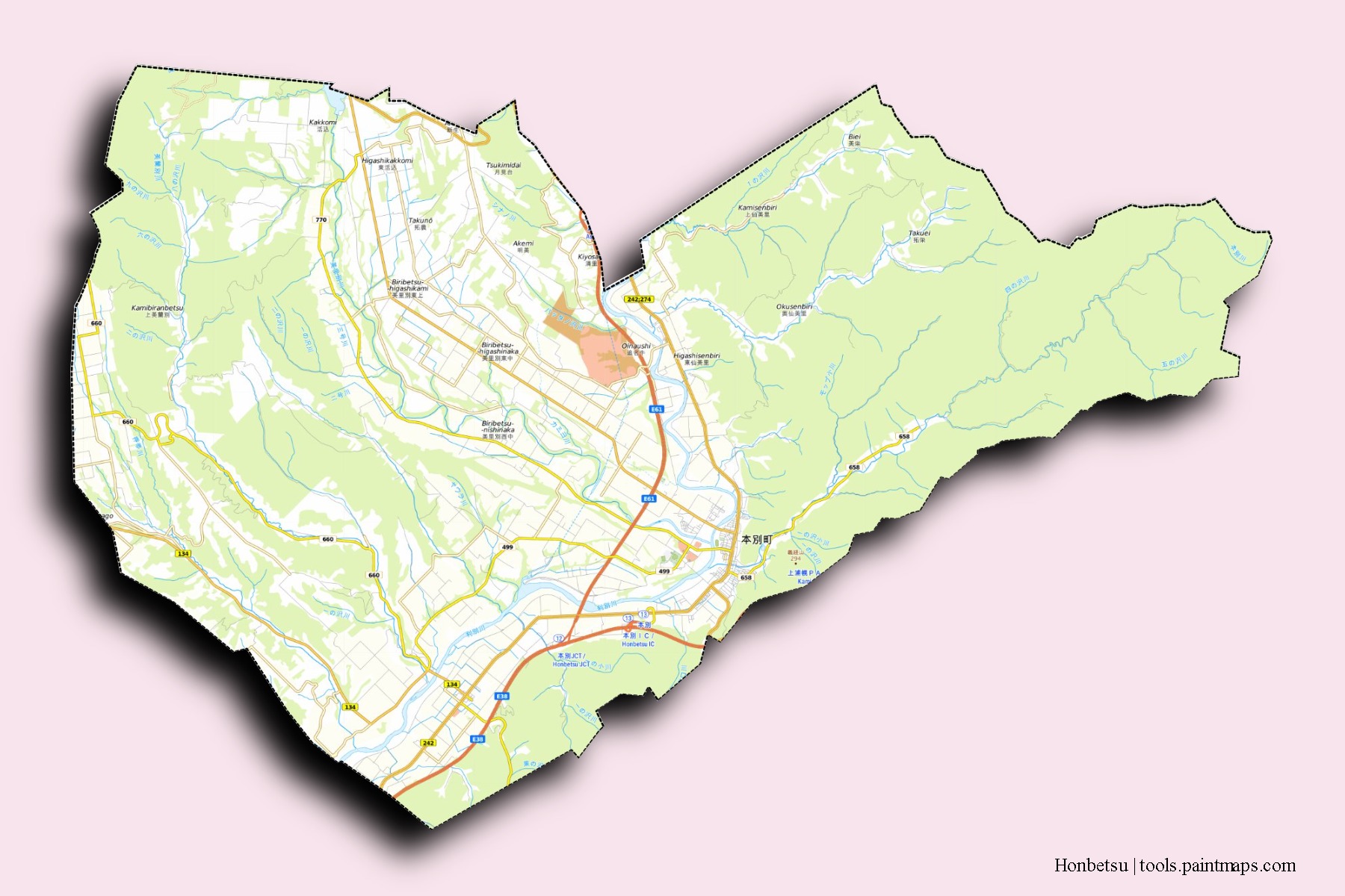 3D gölge efektli Honbetsu mahalleleri ve köyleri haritası