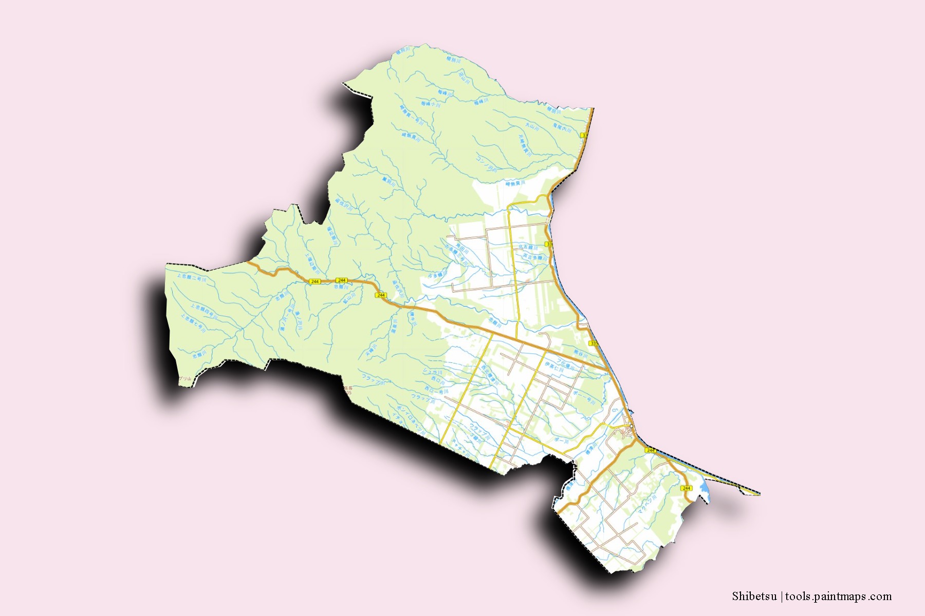 Mapa de barrios y pueblos de Shibetsu con efecto de sombra 3D