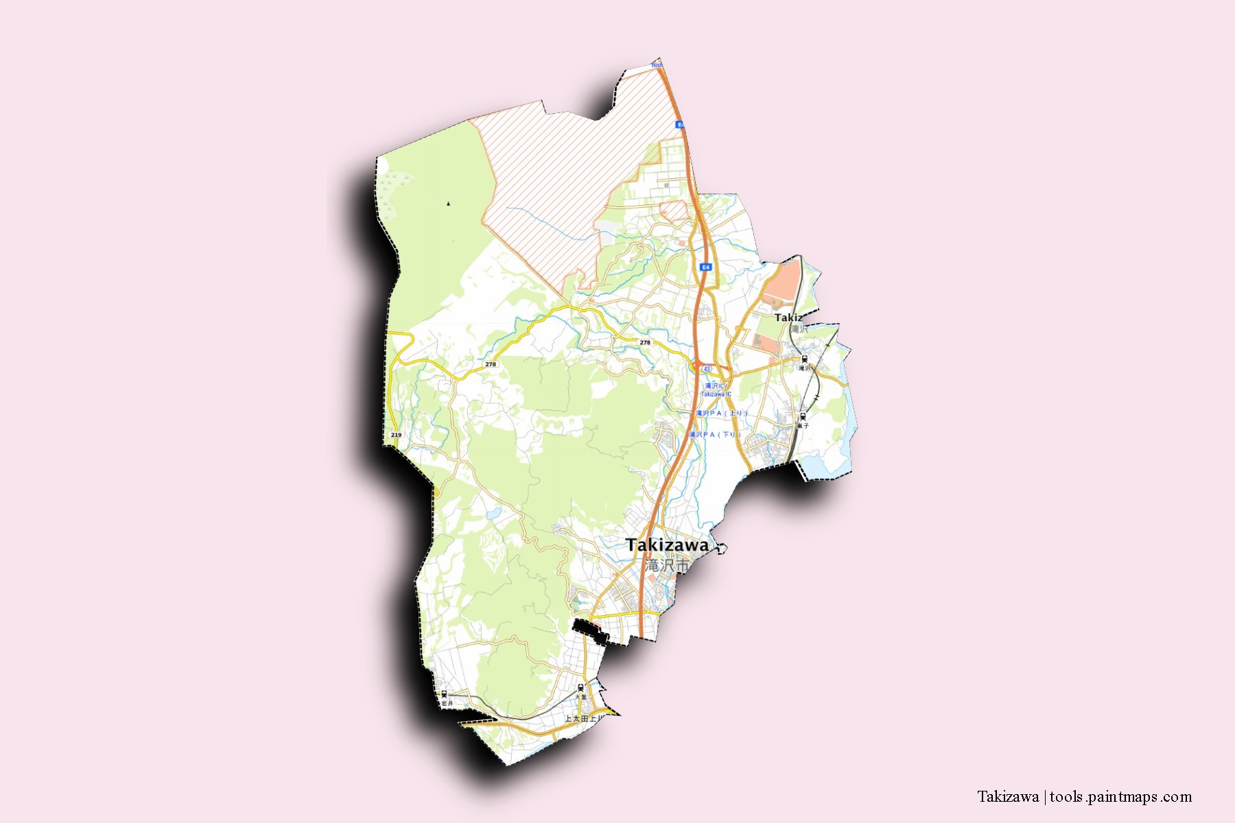 Mapa de barrios y pueblos de Takizawa con efecto de sombra 3D