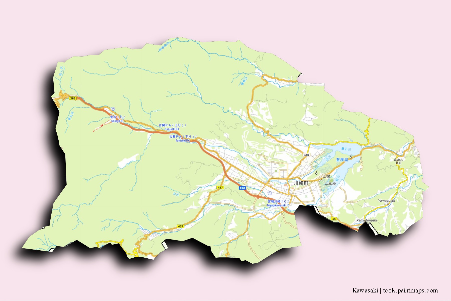 Kawasaki neighborhoods and villages map with 3D shadow effect