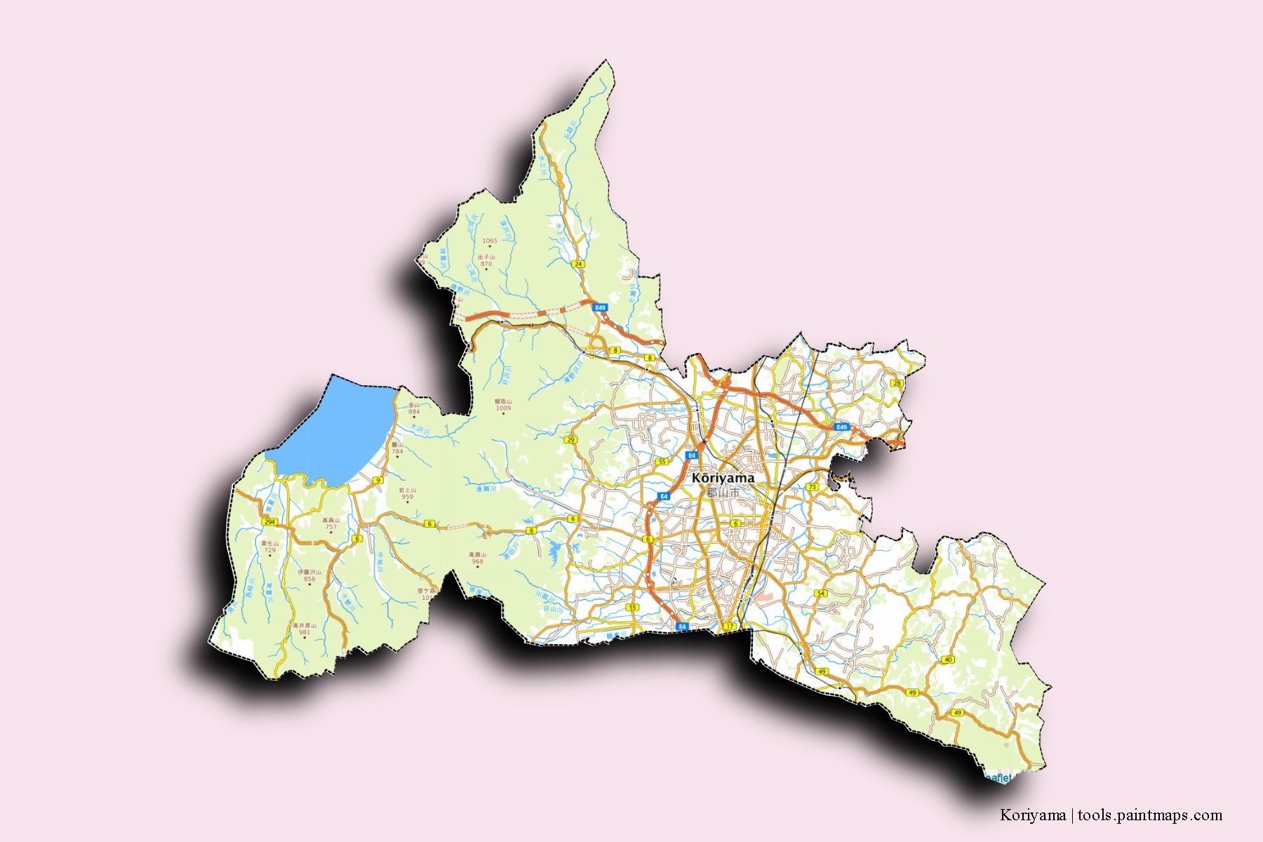 Mapa de barrios y pueblos de Koriyama con efecto de sombra 3D