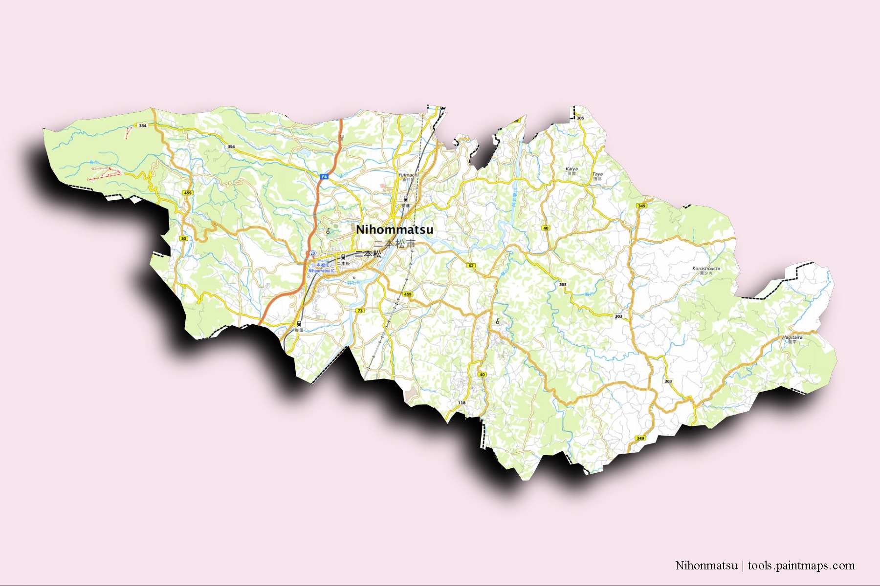 Mapa de barrios y pueblos de Nihonmatsu con efecto de sombra 3D