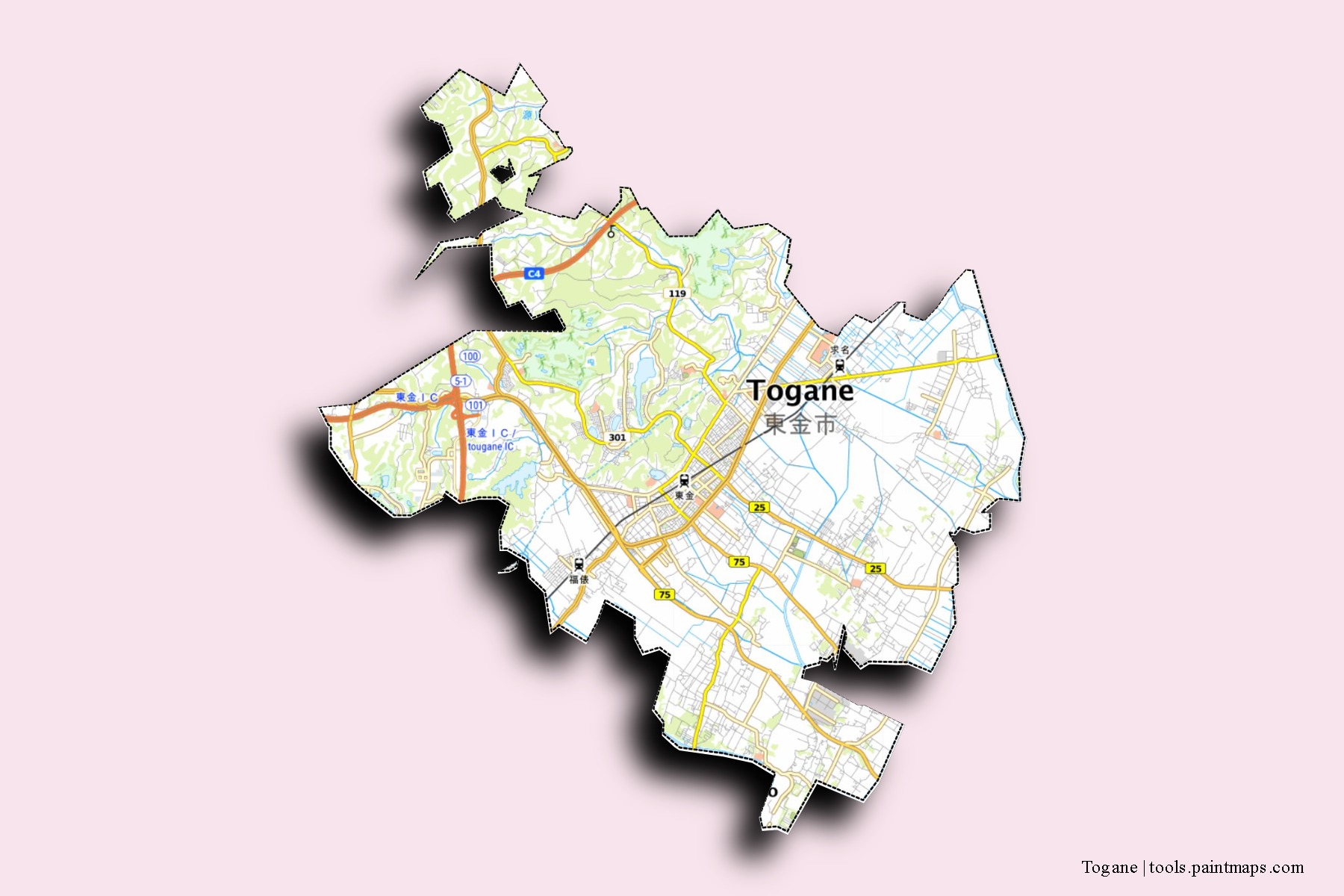 Mapa de barrios y pueblos de Togane con efecto de sombra 3D