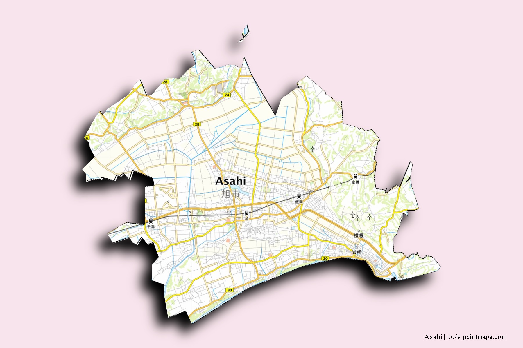 Asahi neighborhoods and villages map with 3D shadow effect