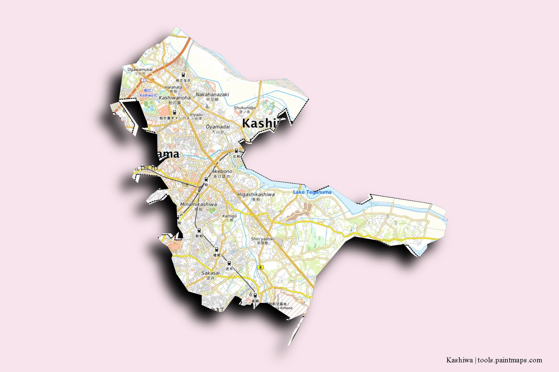 Mapa de barrios y pueblos de Kashiwa con efecto de sombra 3D