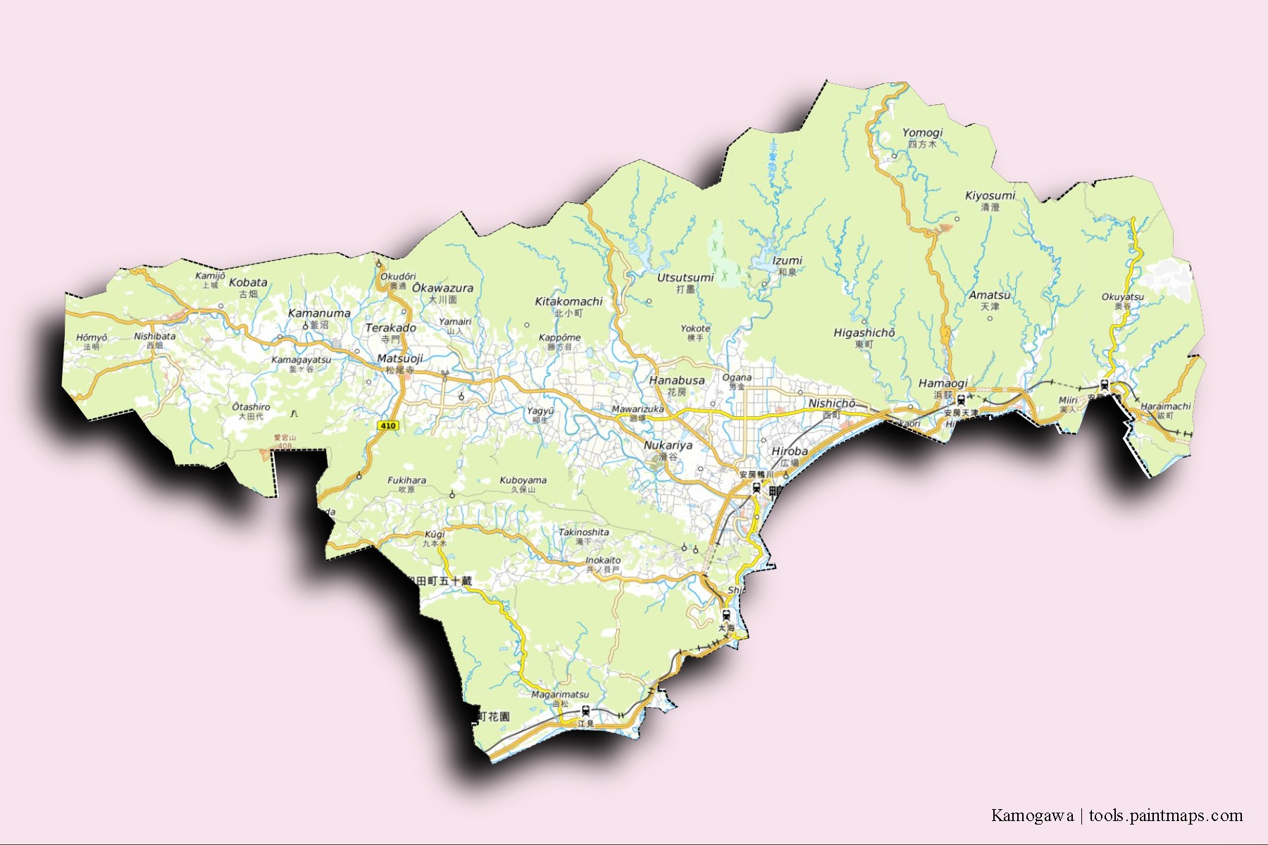 3D gölge efektli Kamogawa mahalleleri ve köyleri haritası