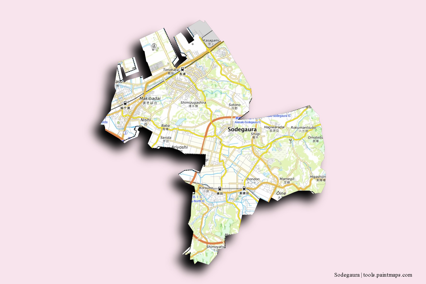 Mapa de barrios y pueblos de Sodegaura con efecto de sombra 3D